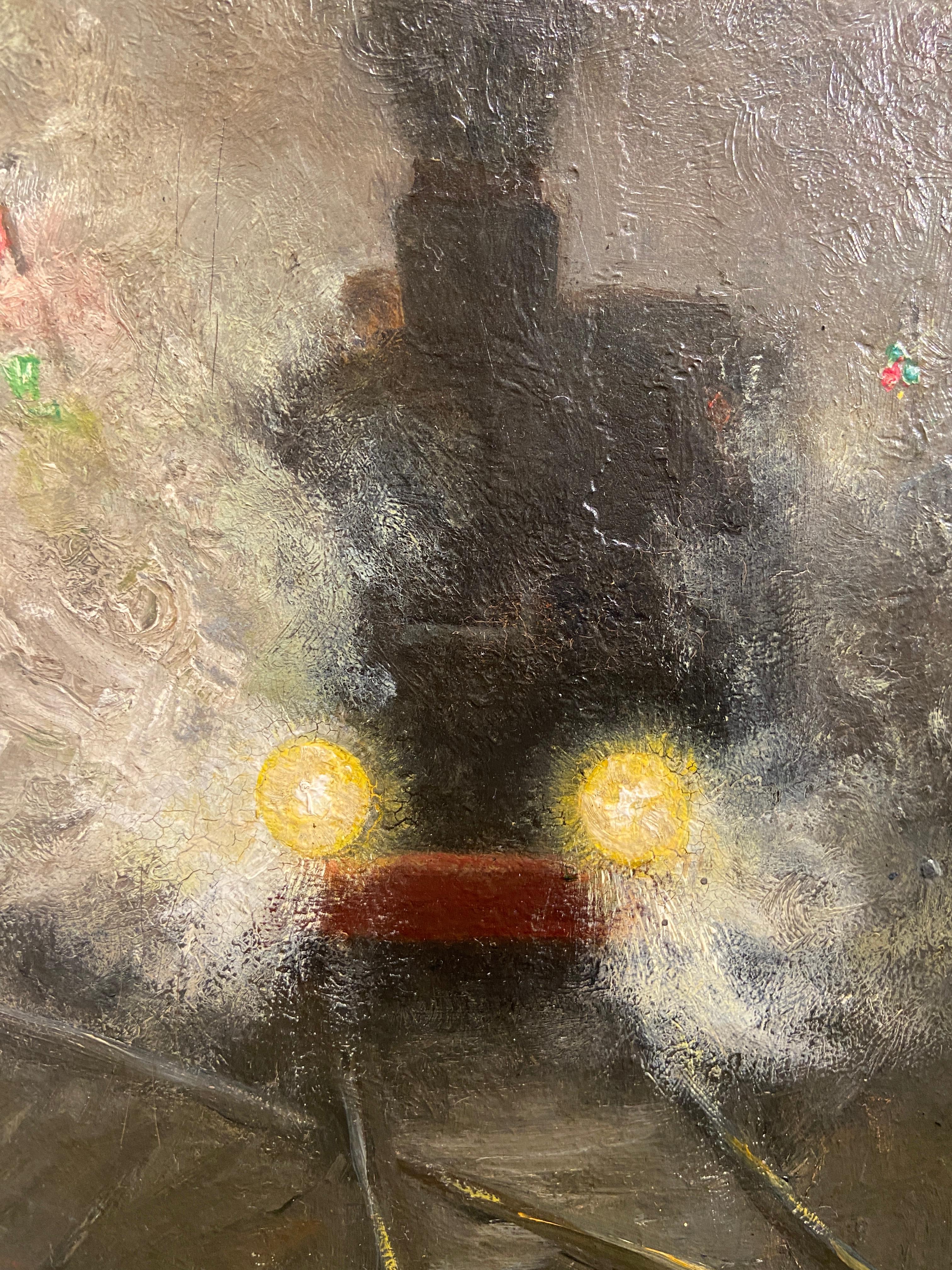 Oil on panel, signed bottom left
Image size: 13 x 9 inches (33 x 23 cm)
Contemporary style hand made frame

This is an impressionistic work featuring a travelling train on it's tracks. Trains were a popular subject for the Impressionists as the