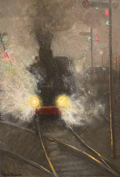 A Train at Night, Late 19th Century Impressionist Oil on Panel