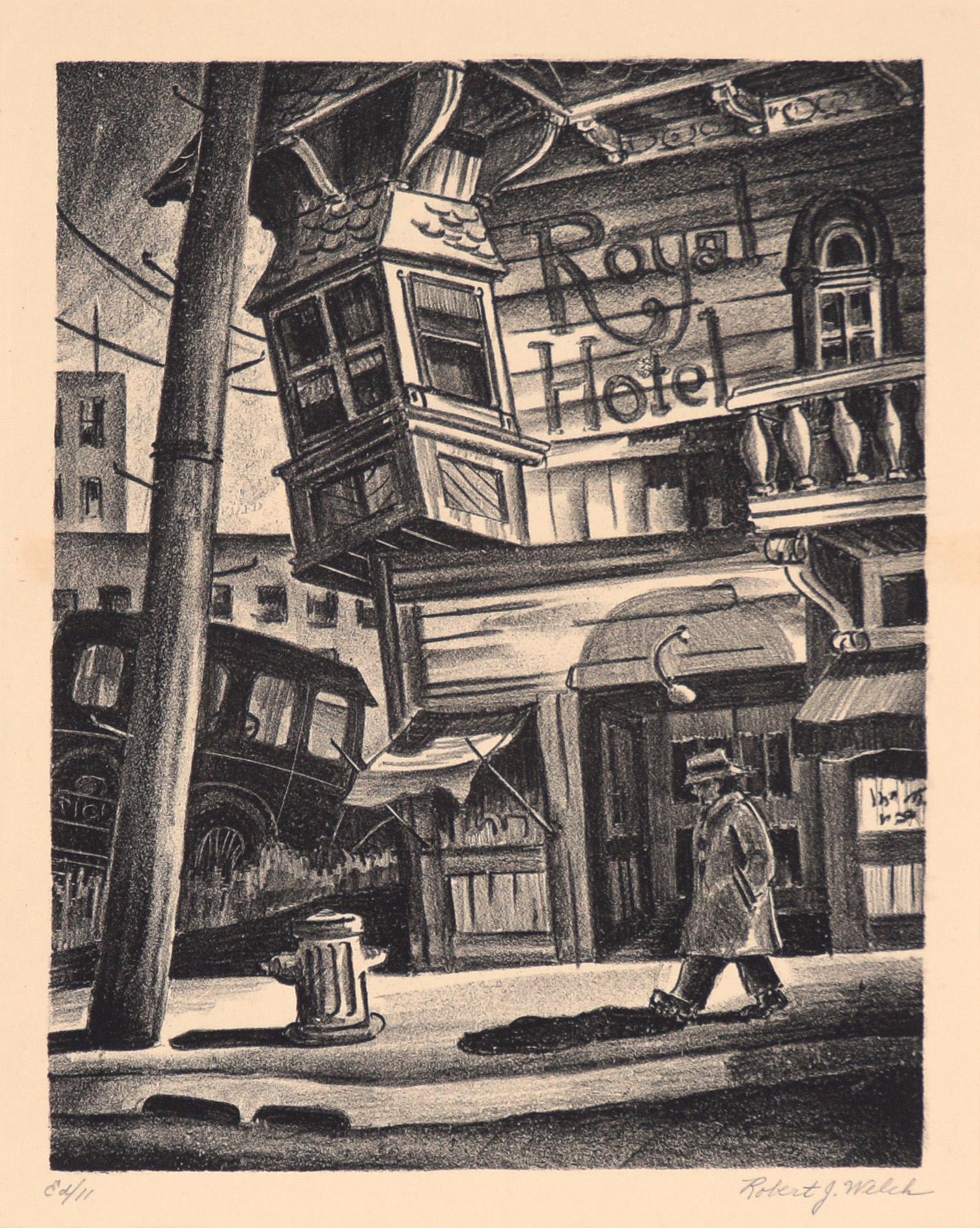 Royal Hotel - New Orleans 1920s Depression Art Litografia a inchiostro su carta - Print di Robert J. Welch