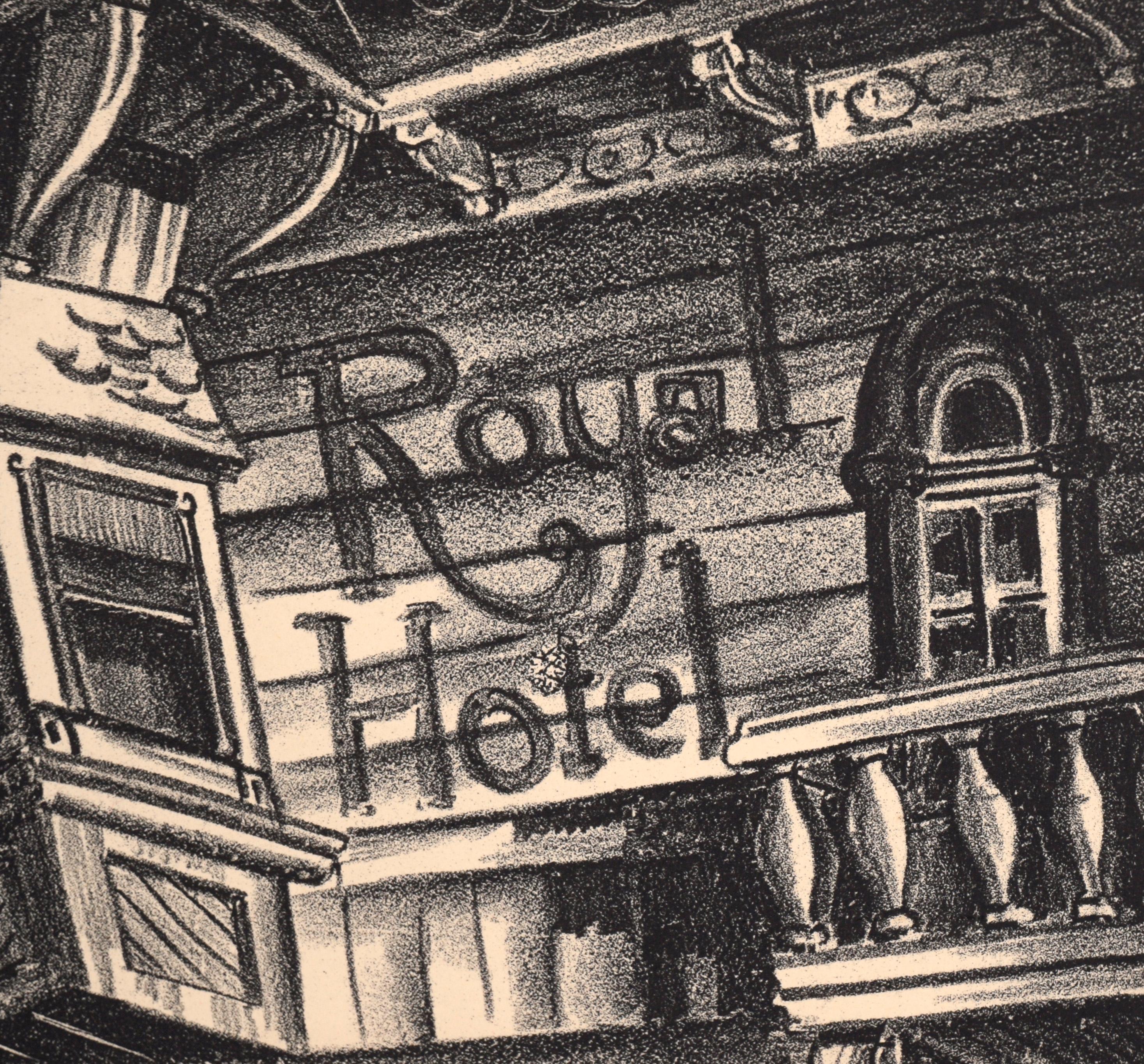 Royal Hotel - New Orleans 1920s Depression Art Litografia a inchiostro su carta - Figurative Print Beige di Robert J. Welch