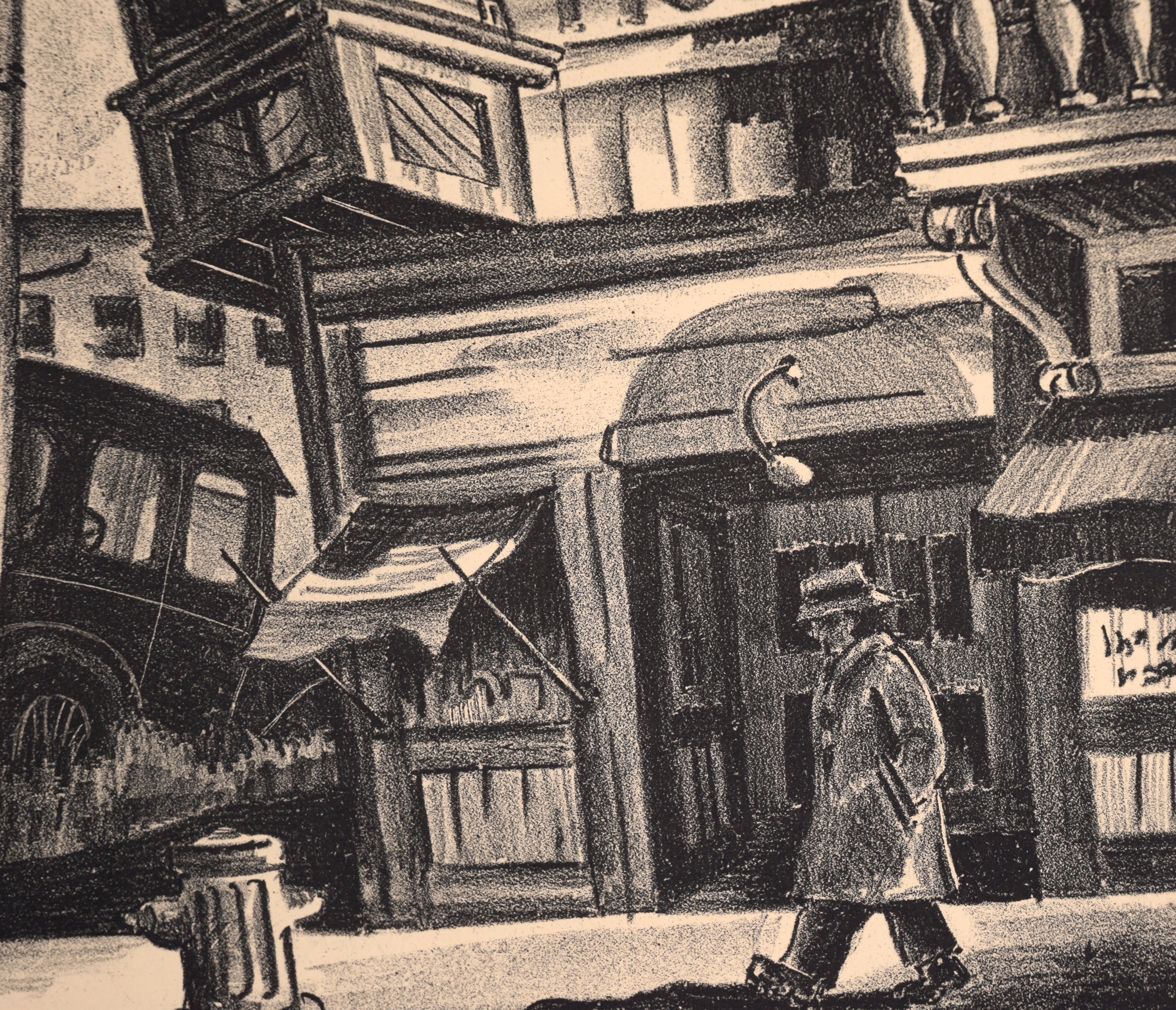Royal Hotel - New Orleans 1920s Depression Art Litografia a inchiostro su carta

Drammatica scena di strada con un uomo che indossa un trench e un cappello di Robert Welch (XIX-XX secolo). L'uomo sta passando davanti al Royal Hotel, che sembra