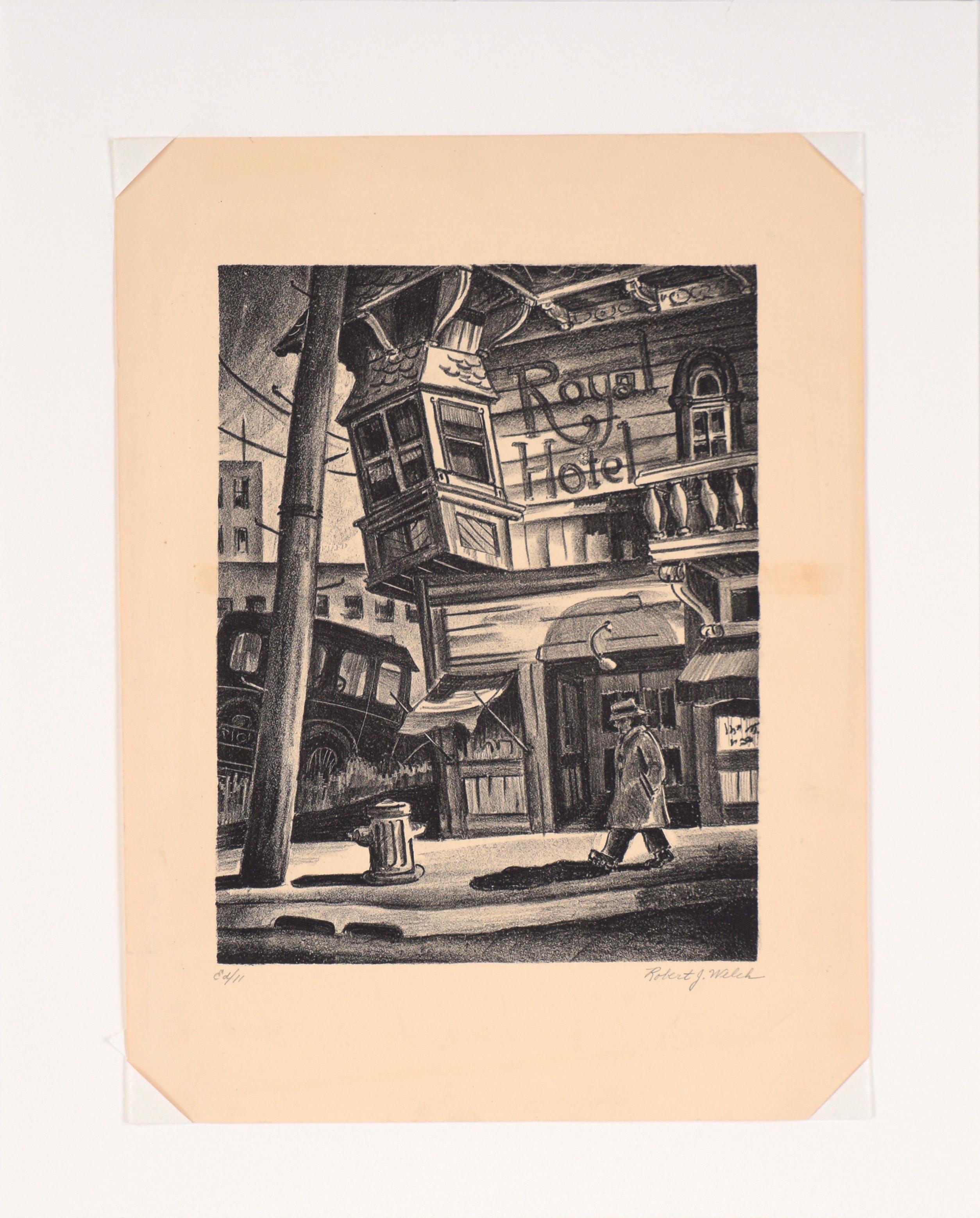 Royal Hotel - New Orleans 1920s Depression Art Litografia a inchiostro su carta in vendita 4