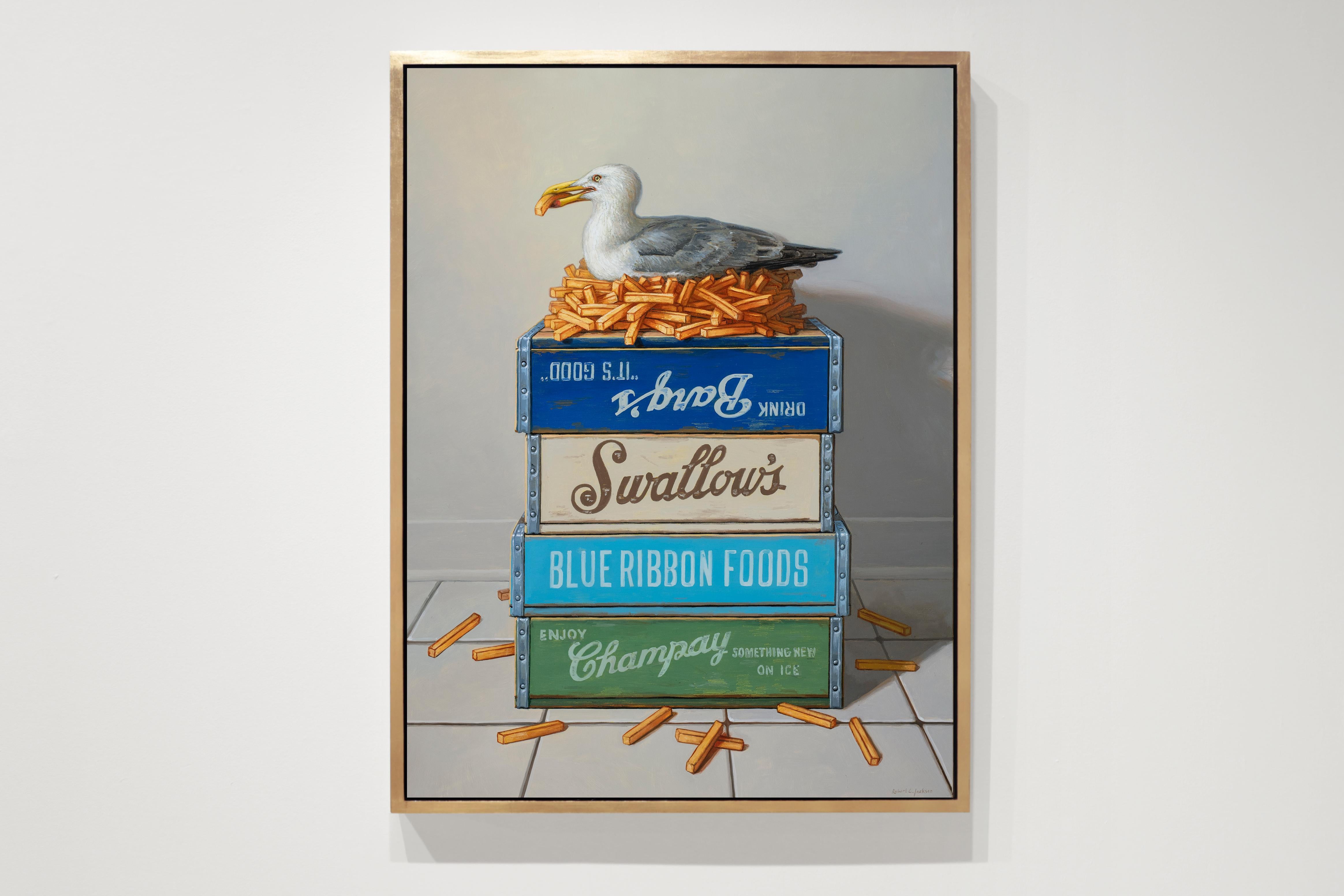 DREAM HOME, satire, humor, photorealism, bird, seagull, vibrant colors, fries - Painting by Robert Jackson