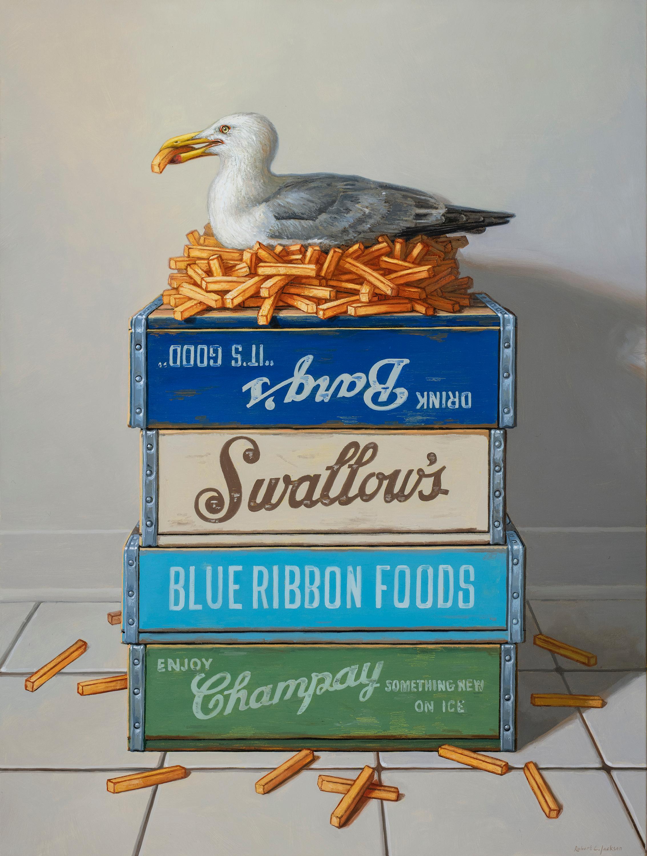 Robert Jackson Still-Life Painting - DREAM HOME, satire, humor, photorealism, bird, seagull, vibrant colors, fries