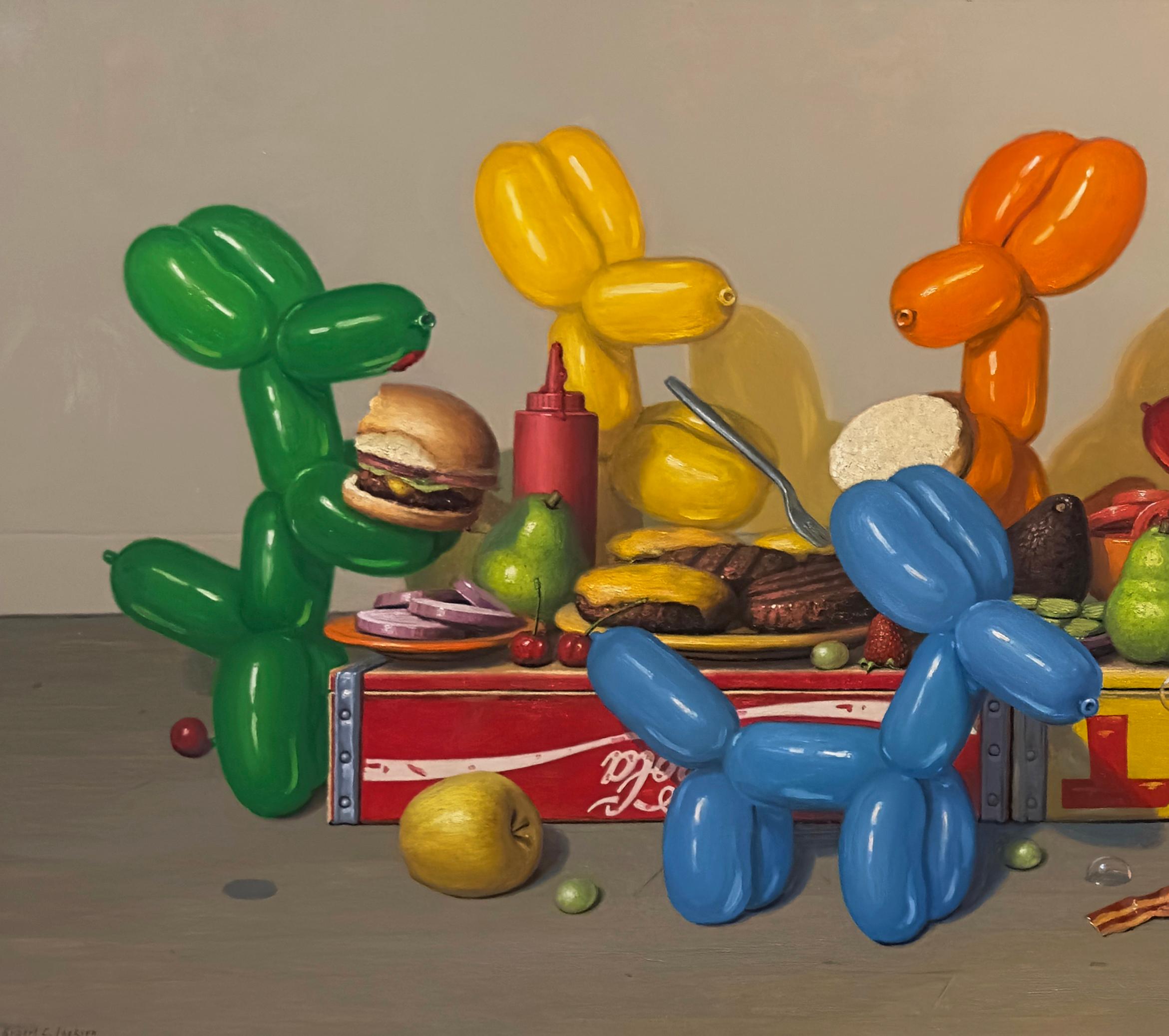GOOD COMPANY - Humour / Nature morte contemporaine / Salle à manger / Chiens ballons - Marron Still-Life Painting par Robert Jackson