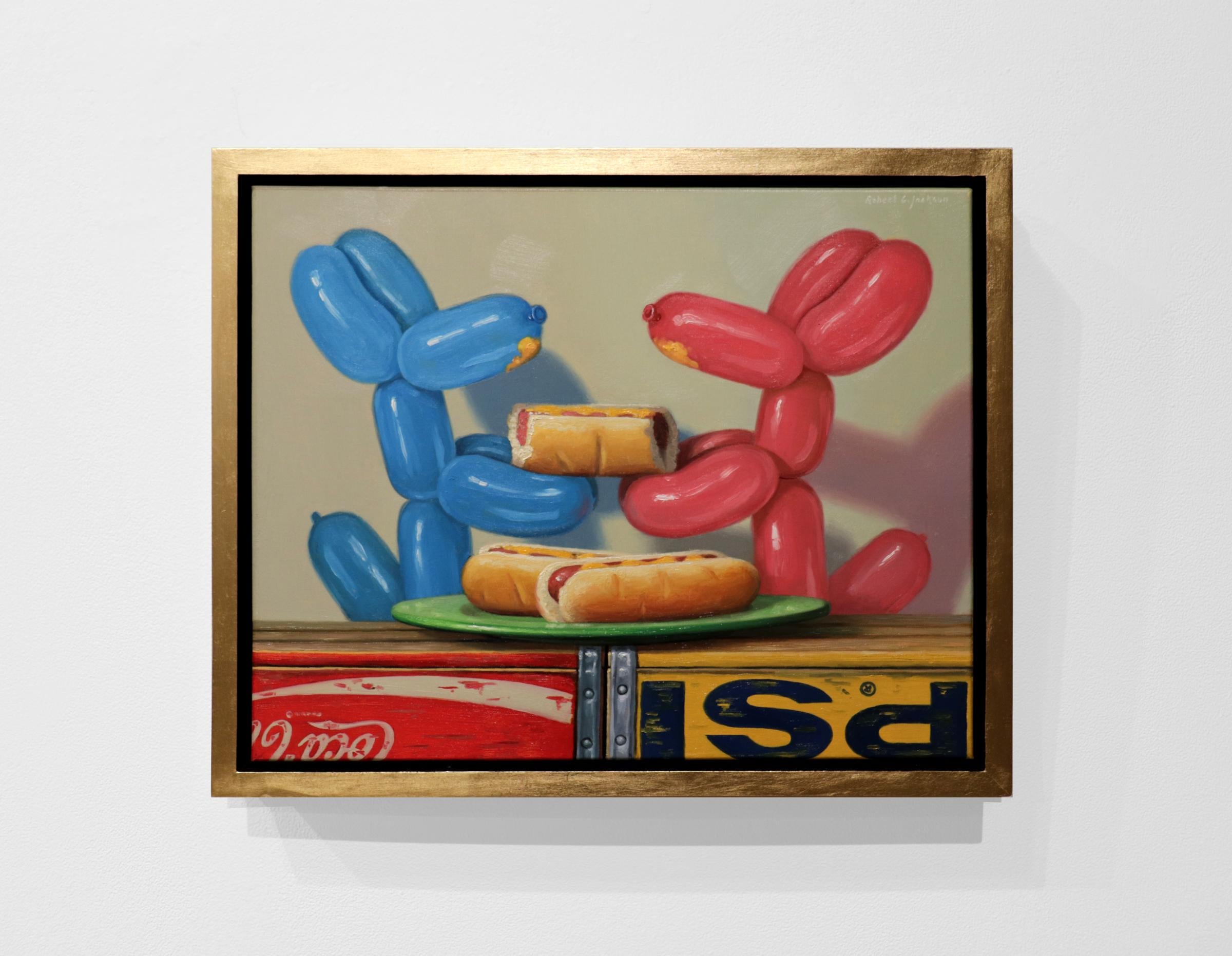 HOT DOGS, still life, balloon dogs, food, eating, playful, blue, pink - Painting by Robert Jackson