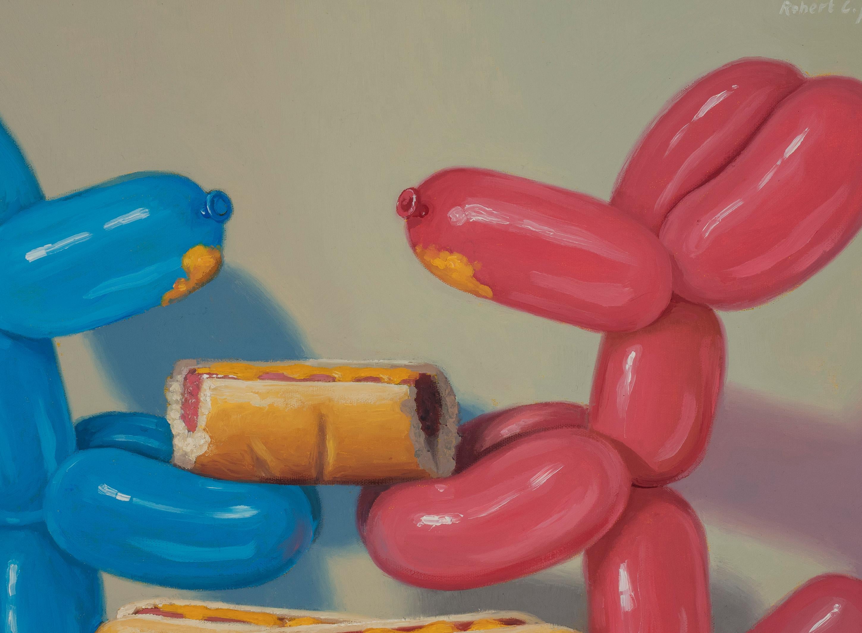 HOT DOGS, still life, balloon dogs, food, eating, playful, blue, pink - Contemporary Painting by Robert Jackson