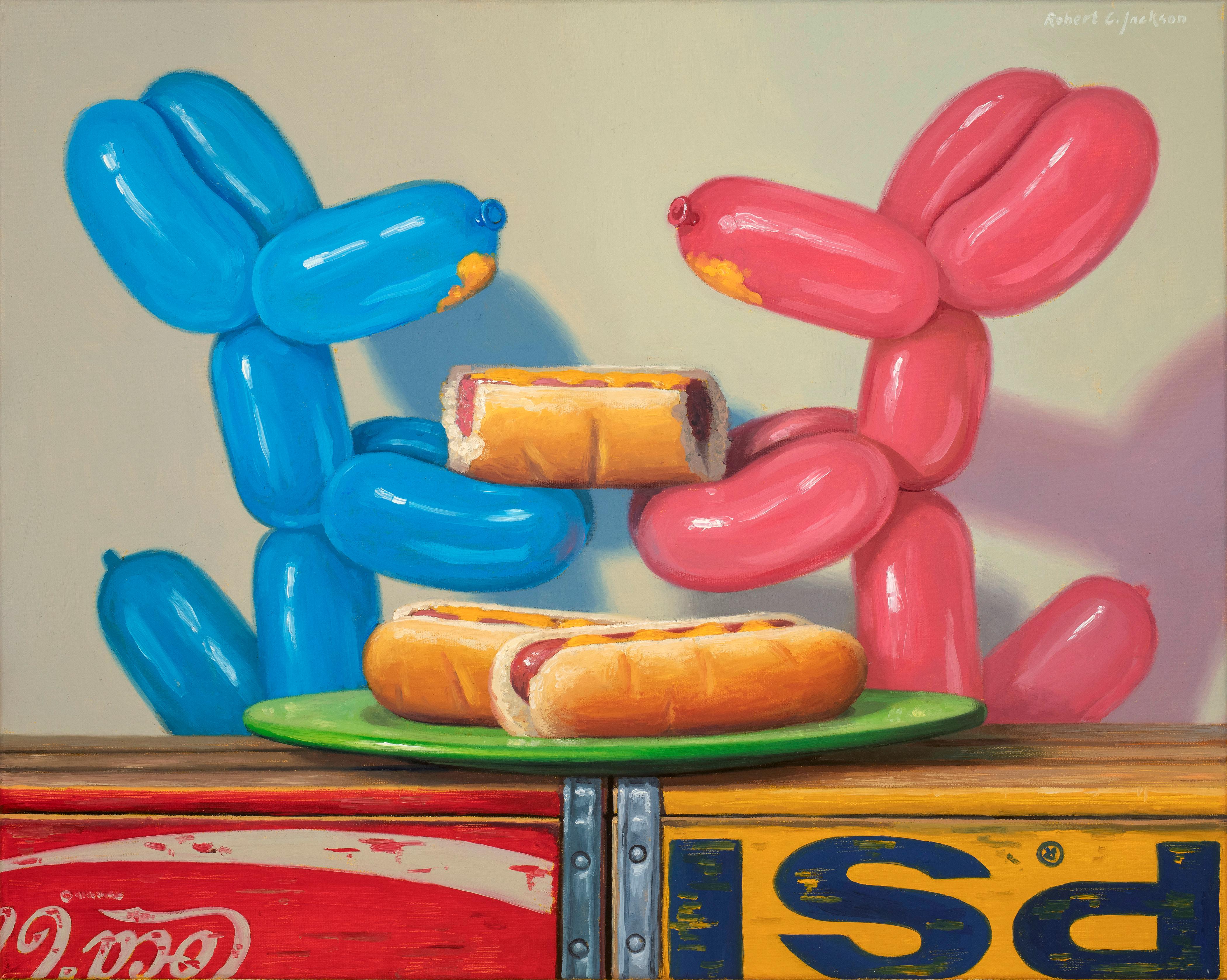 Robert Jackson Still-Life Painting - HOT DOGS, still life, balloon dogs, food, eating, playful, blue, pink