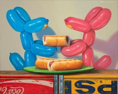 HOT DOGS, still life, balloon dogs, food, eating, playful, blue, pink