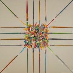 INTERSECTION, photorealism, paint brushes, still-life, multi-colored 