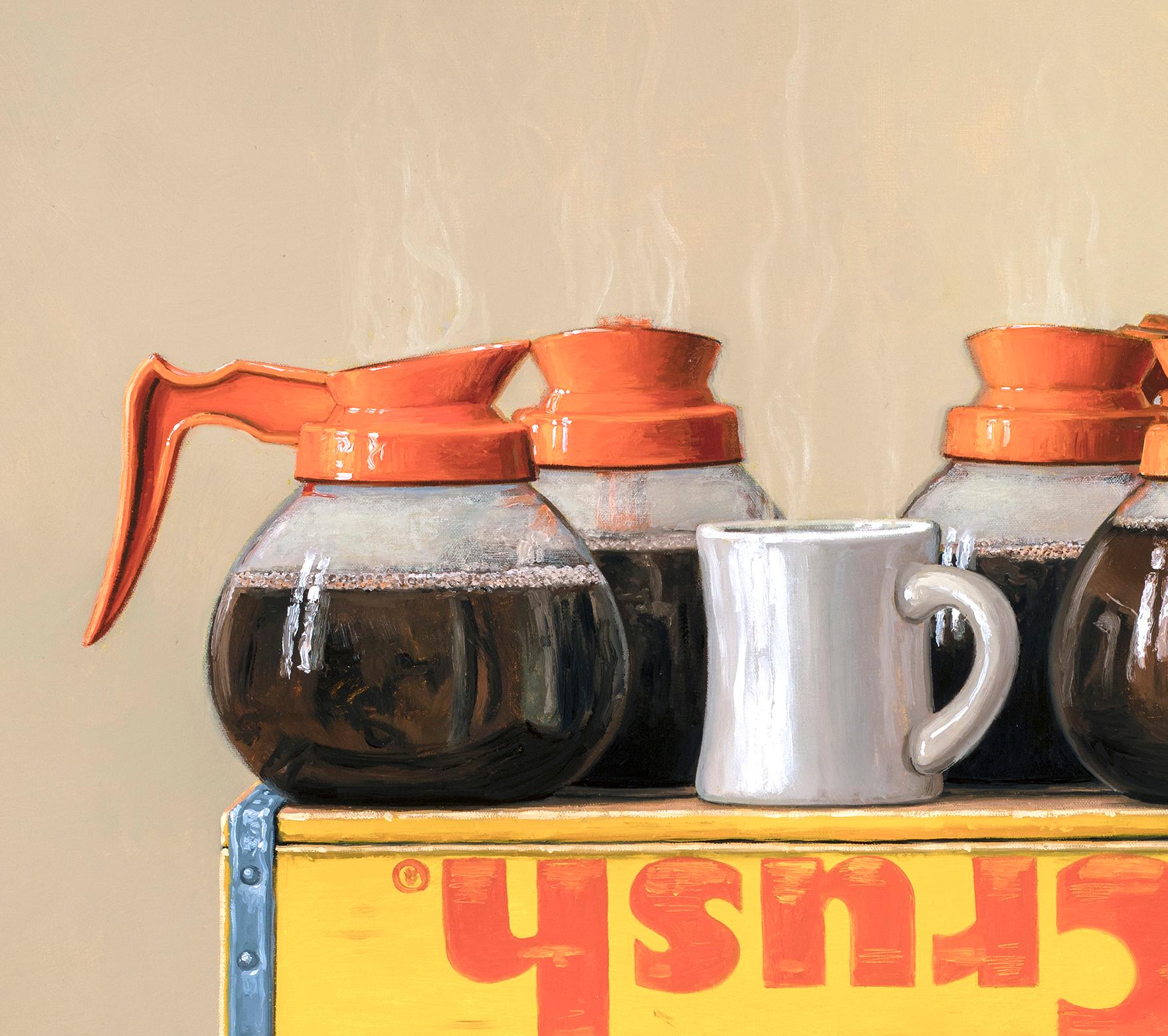 MORNING COFFEE, Contemporary Still Life, Coffee Mug, Crates, Humor - Realist Painting by Robert Jackson