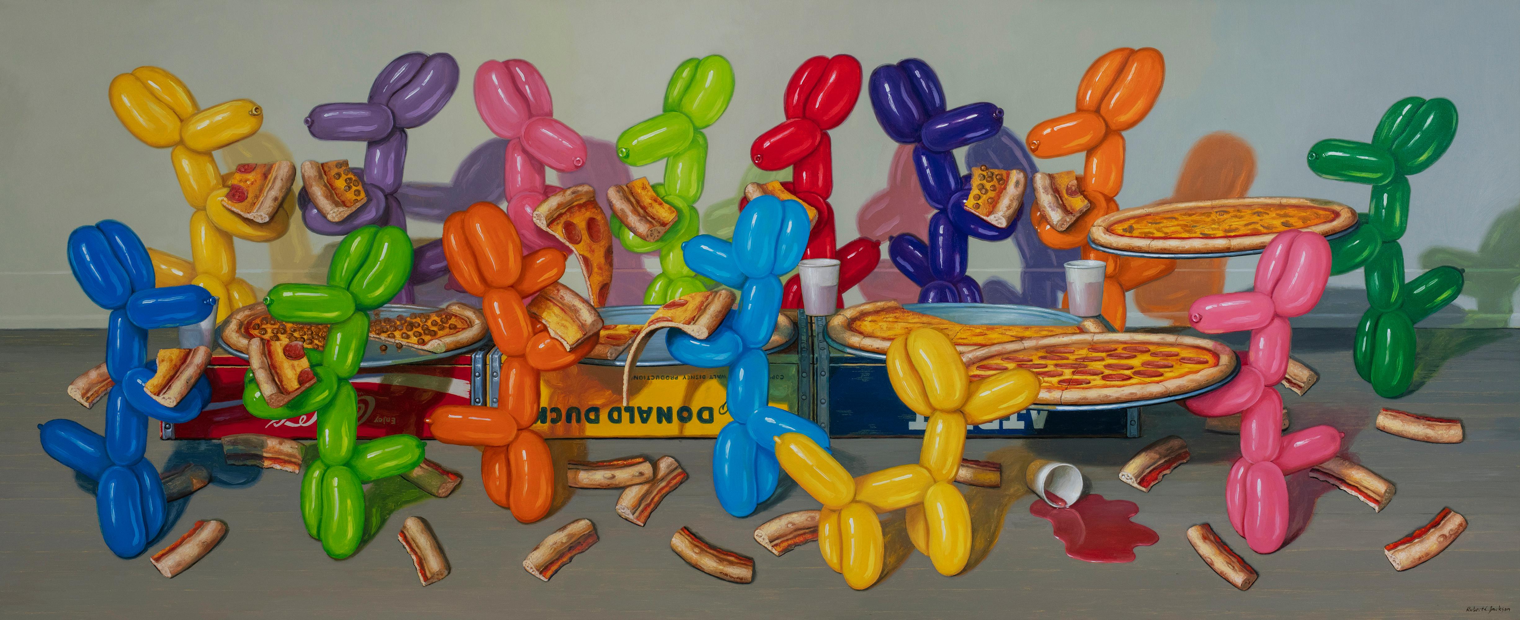 Robert Jackson - PIZZA FEAST, dinner party, pizza, balloon dogs, food,  vibrant color, still life For Sale at 1stDibs