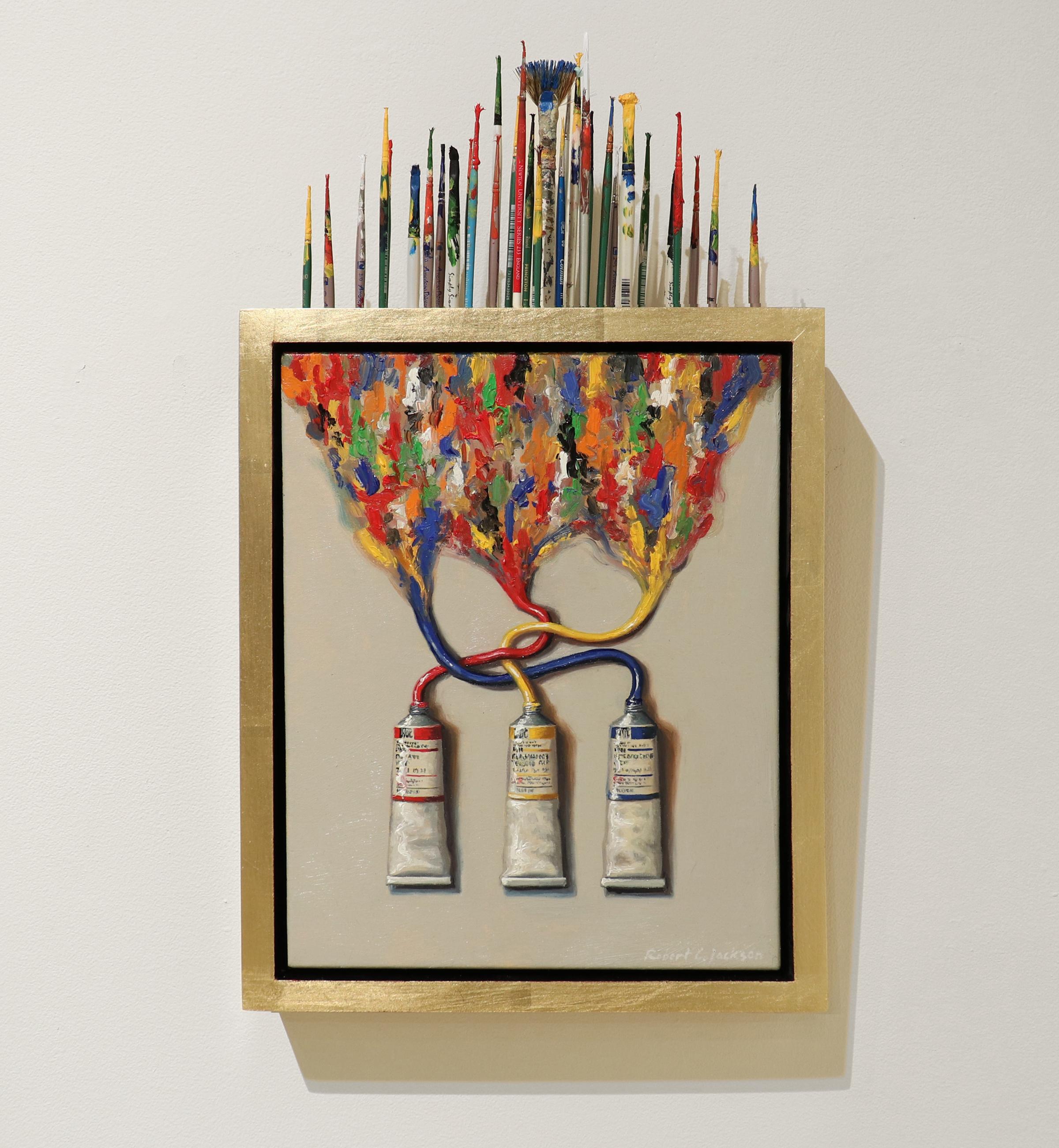 Robert Jackson Still-Life Painting - PRIMARY MIX, Paint Tubes, Still-Life, Installation, Red, Yellow, Blue, Brushes