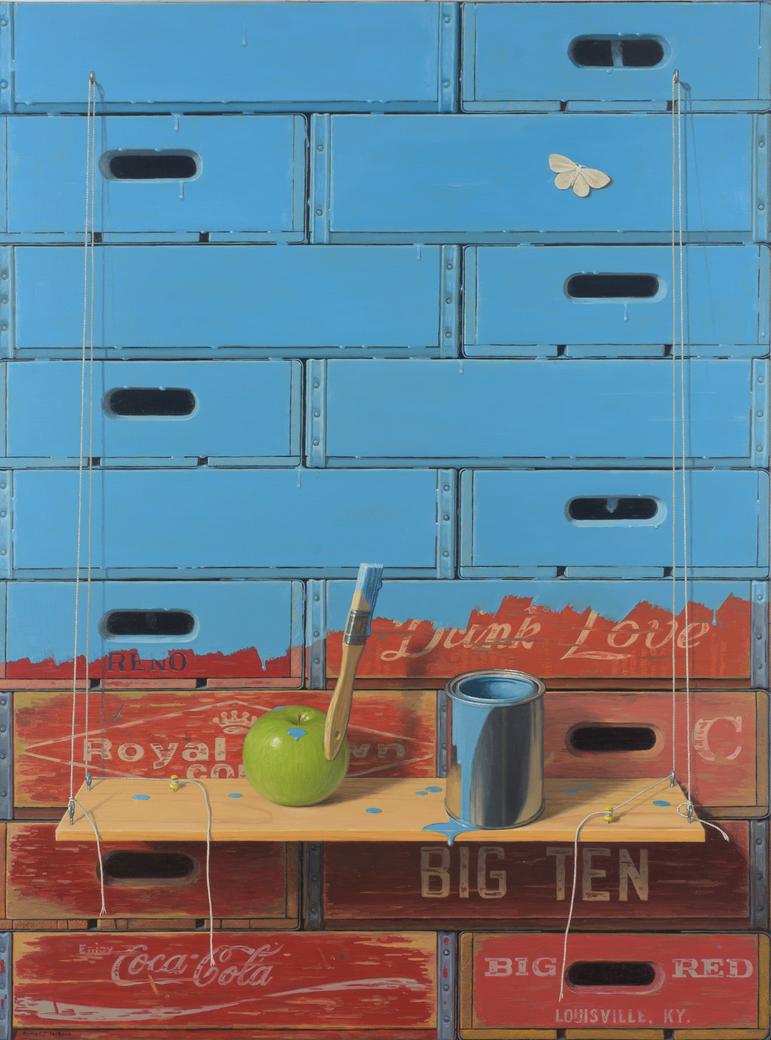 Robert Jackson Still-Life Painting – REDECORATOR – Stillleben / Apfel / Primärfarben / Humor