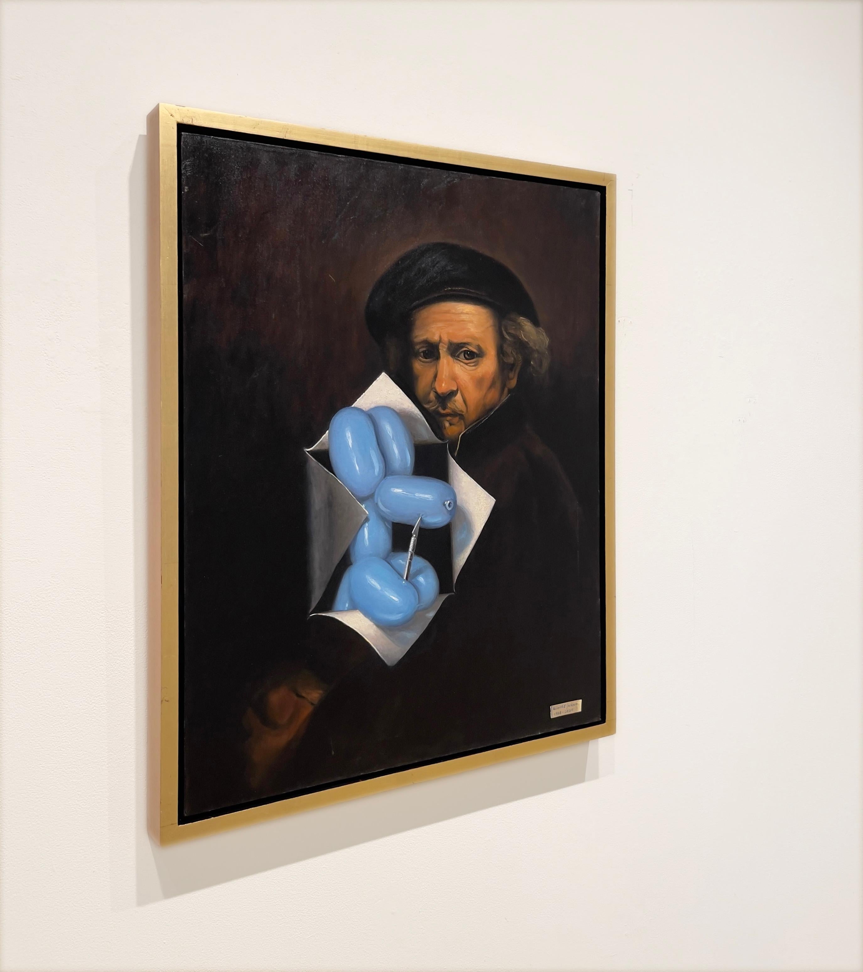 REVISIONISTA - Realismo / Trompe L'Oeil / Figurativo / Rembrandt / Cane con palloncino - Painting Contemporaneo di Robert Jackson