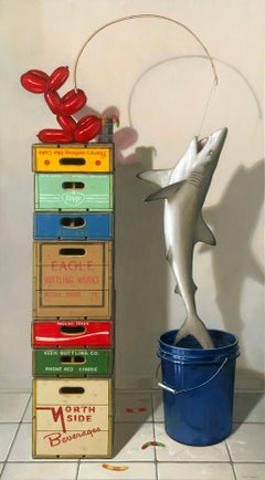 SHARK!, soda crates, balloon dogs, fishing theme still life