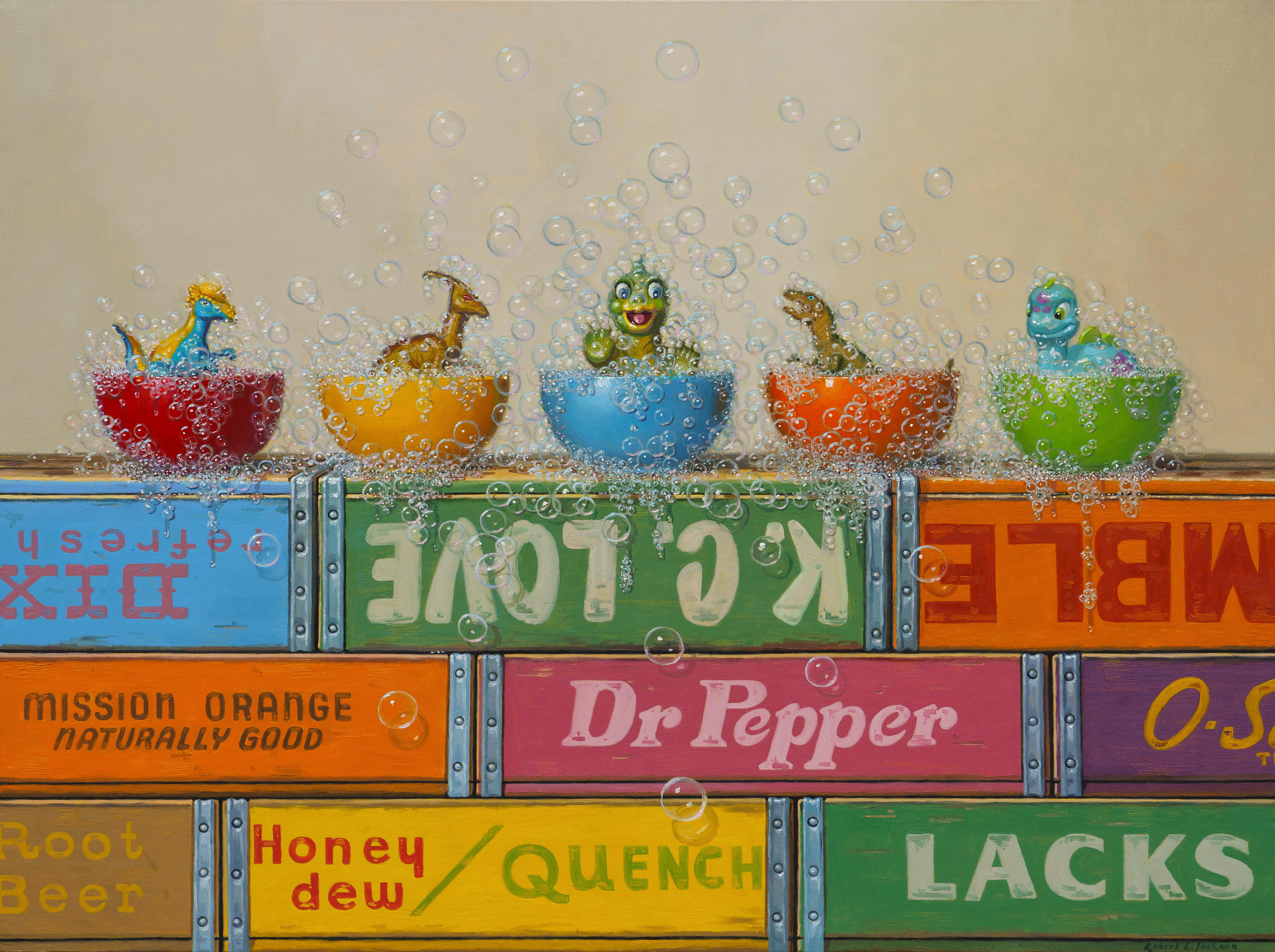 Robert Jackson Still-Life Painting - SPA DAY - Realism / Still Life / Humor / Dinosaurs / Bubbles / Children's Toys