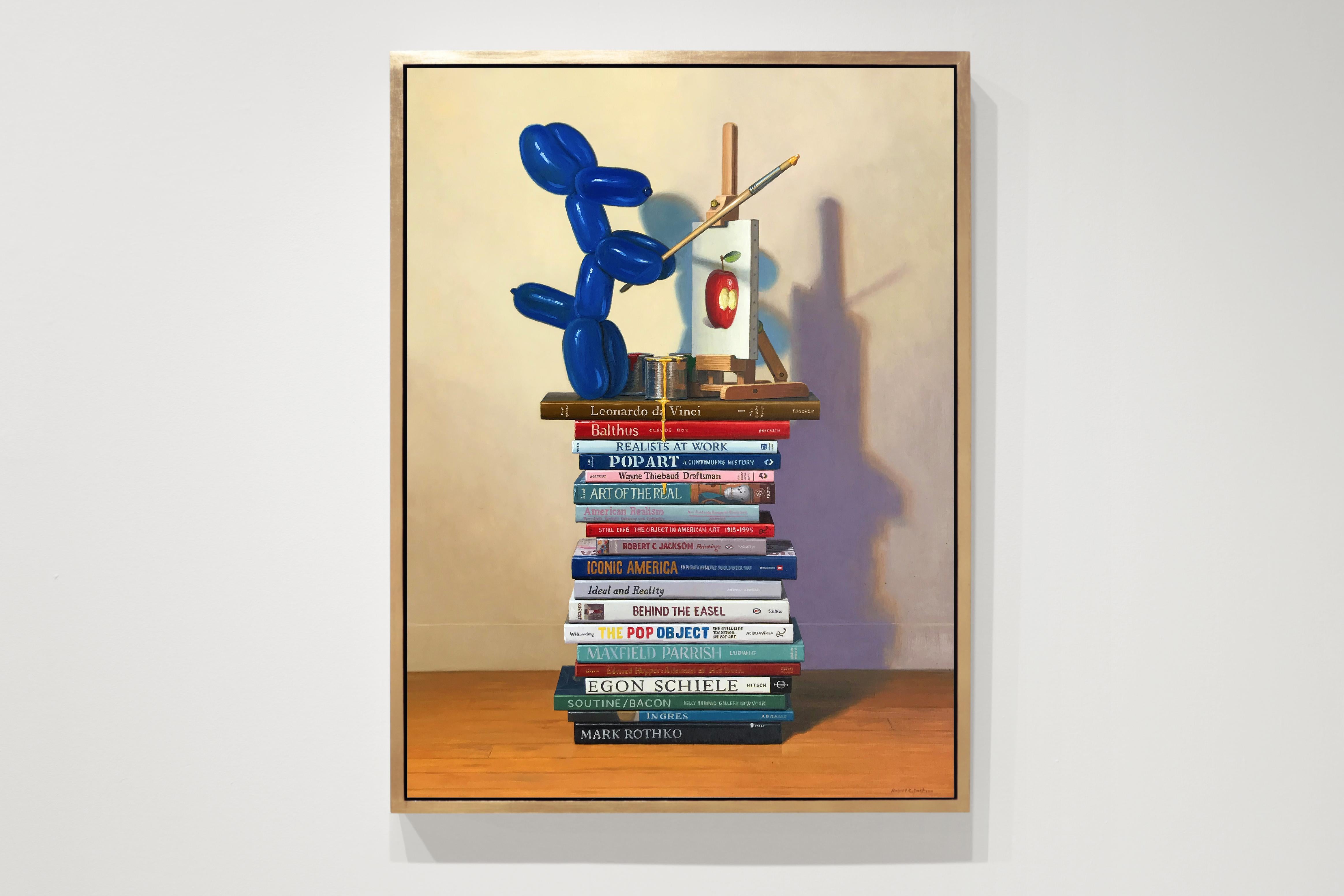 THE PAINTER, still-life, photo-realism, balloon dog, blue, art books - Painting by Robert Jackson