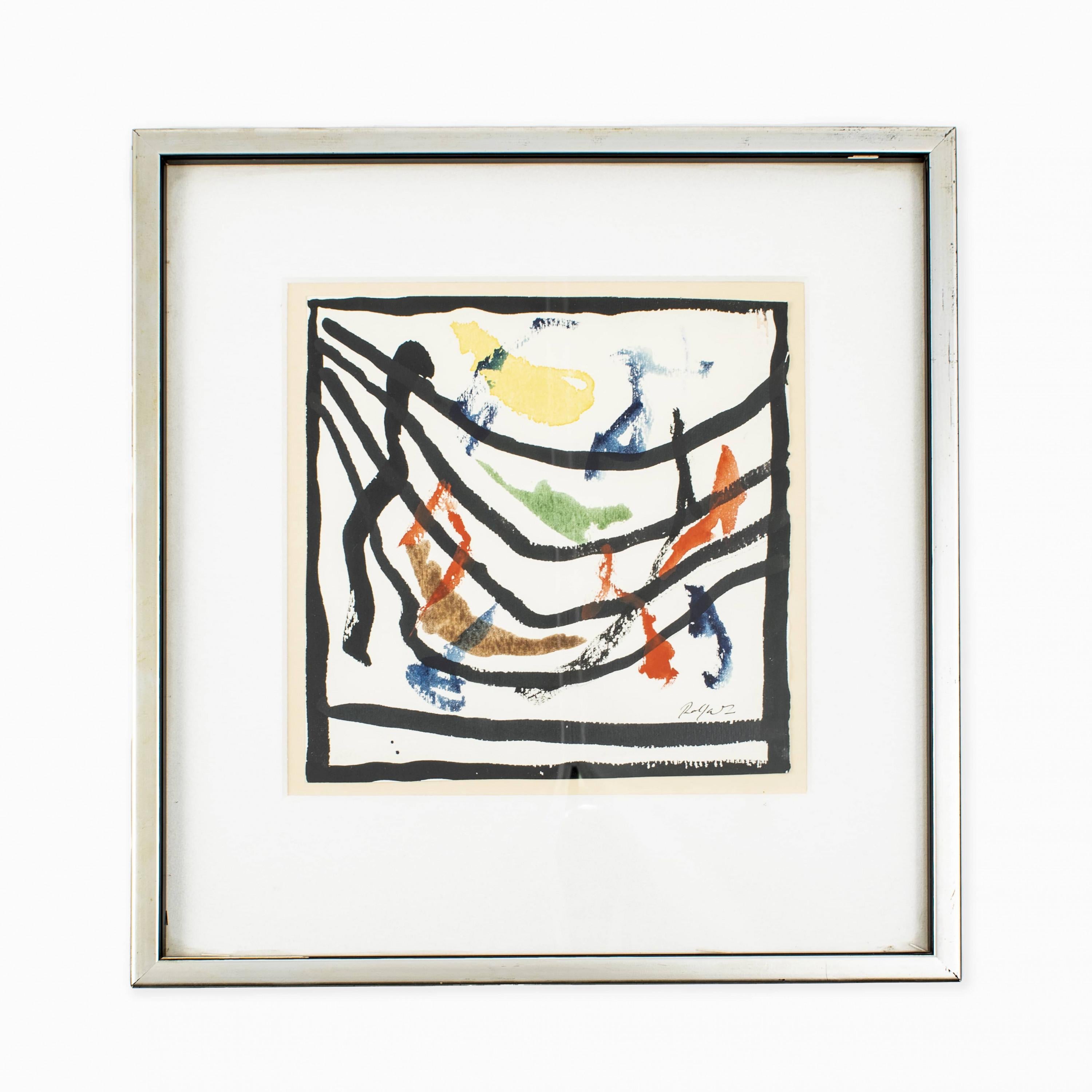 Robert Jacobsen (1912-1993).
Composition, aquarelle sur papier aux couleurs polychromes.
Signe. Robert Jacobsen
Encadré avec passepartout.

Robert Julius Tommy Jacobsen était un artiste danois autodidacte, à la fois sculpteur et graphiste.