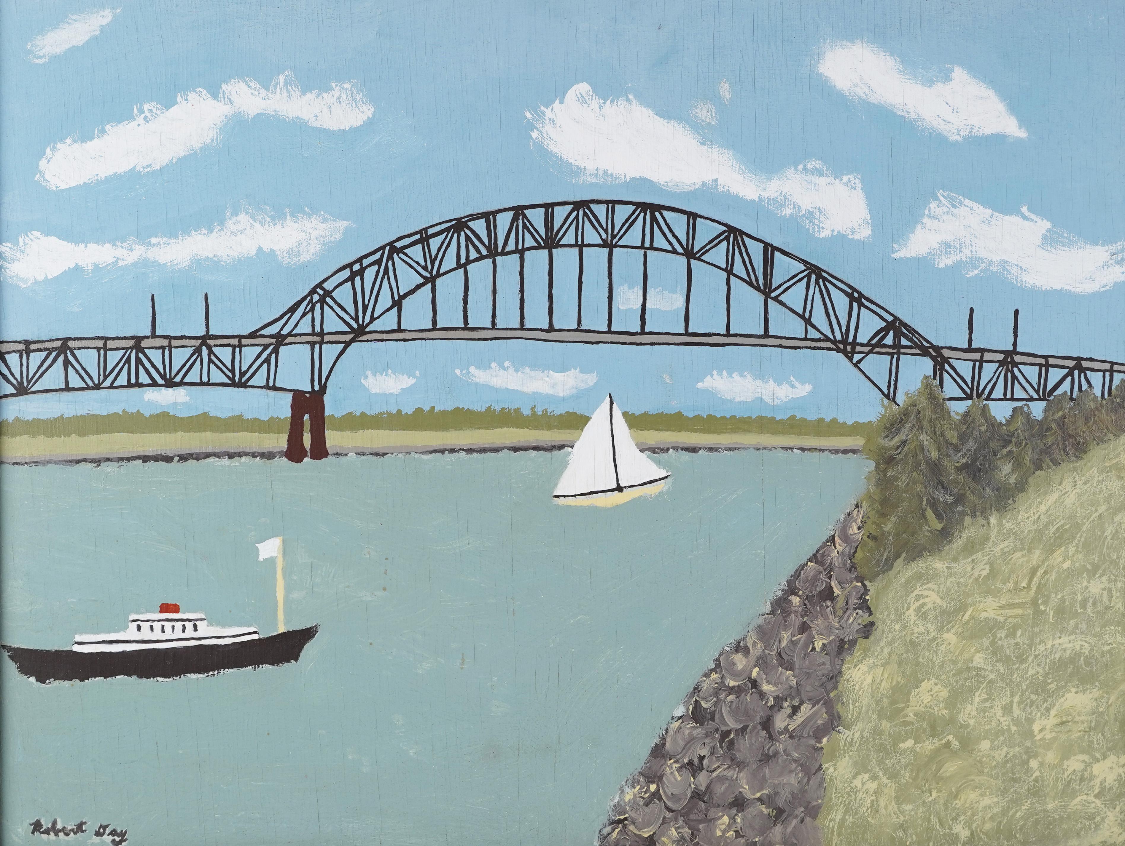 Antique American Modernist Folk Art River Bridge Landscape Signed Oil Painting 1