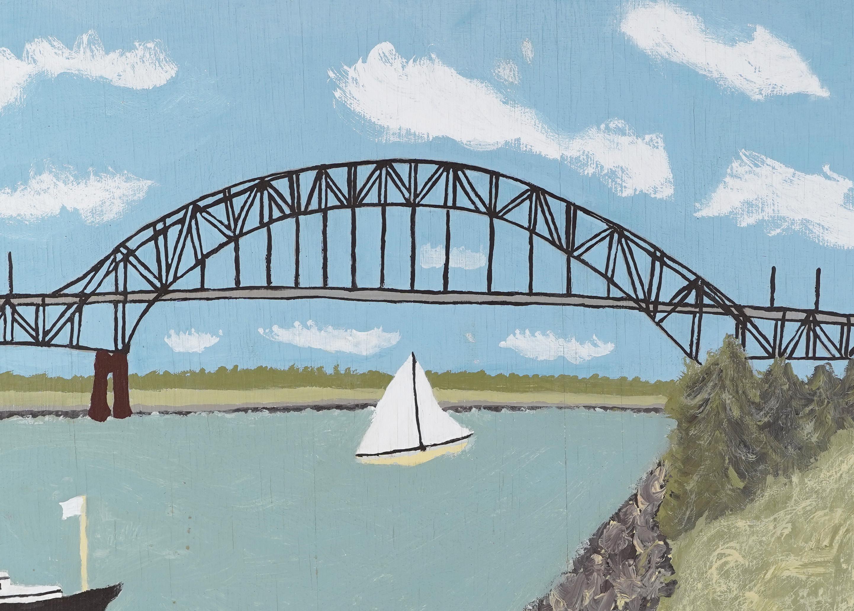 Antique American Modernist Folk Art River Bridge Landscape Signed Oil Painting 2