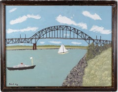 Antique American Modernist Folk Art River Bridge Landscape Signed Oil Painting