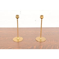 Robert Jarvie Signed Antique Arts & Crafts Turned Brass Tall Candlesticks, Pair