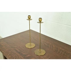Robert Jarvie Style Antique Arts & Crafts Turned Brass Tall Candlesticks, Pair