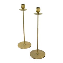 Robert Jarvie Style Antique Arts & Crafts Turned Brass Tall Candlesticks, Pair