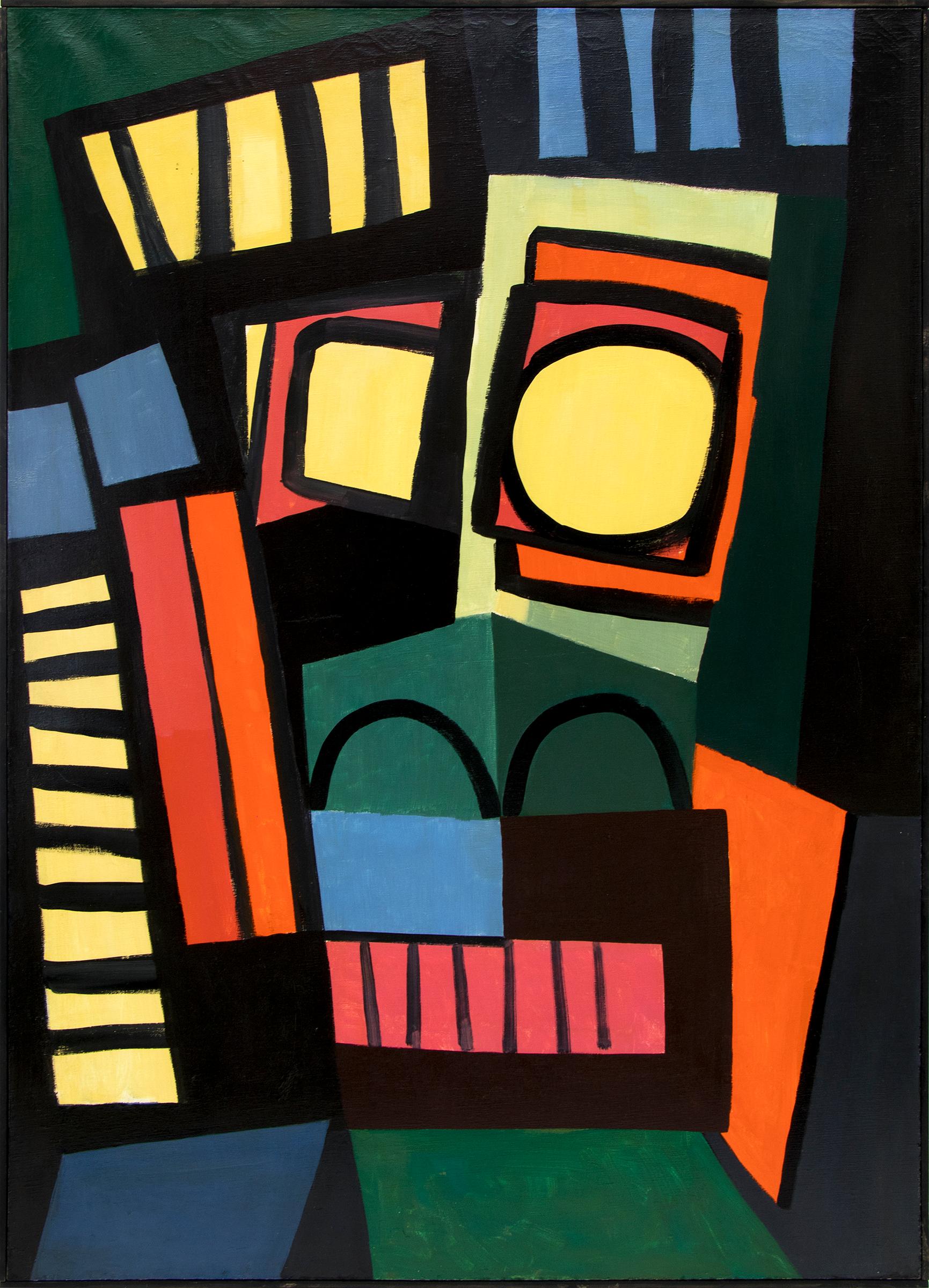 Robert Jay Wolff Abstract Painting - The King, Mid Century 1958 Abstract Oil Painting, Green Bold Primary Colors