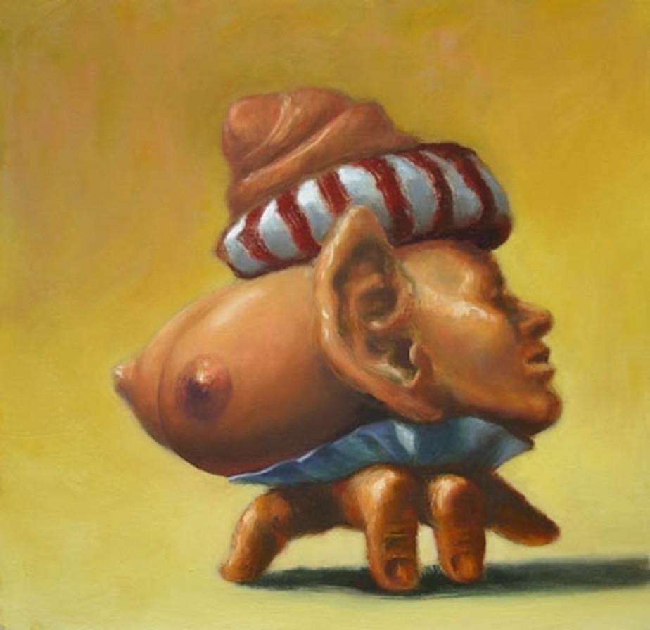 Robert Jessup Figurative Painting -  Finger Creature Breasts Head Hat 