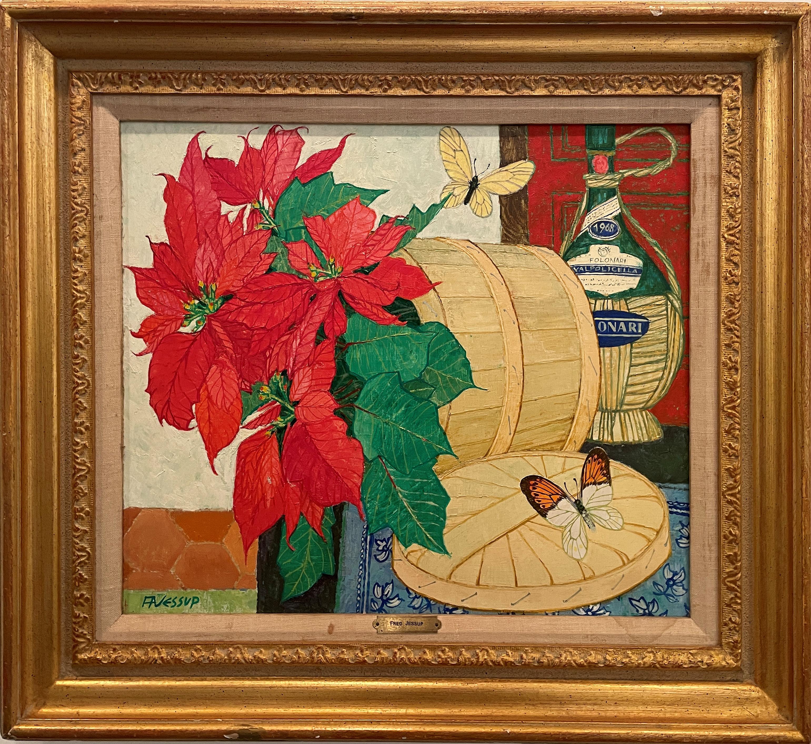 „Blumen-Stillleben-Arrangement“ Frederick Jessup, Schmetterlinge, Weinflasche – Painting von Robert Jessup