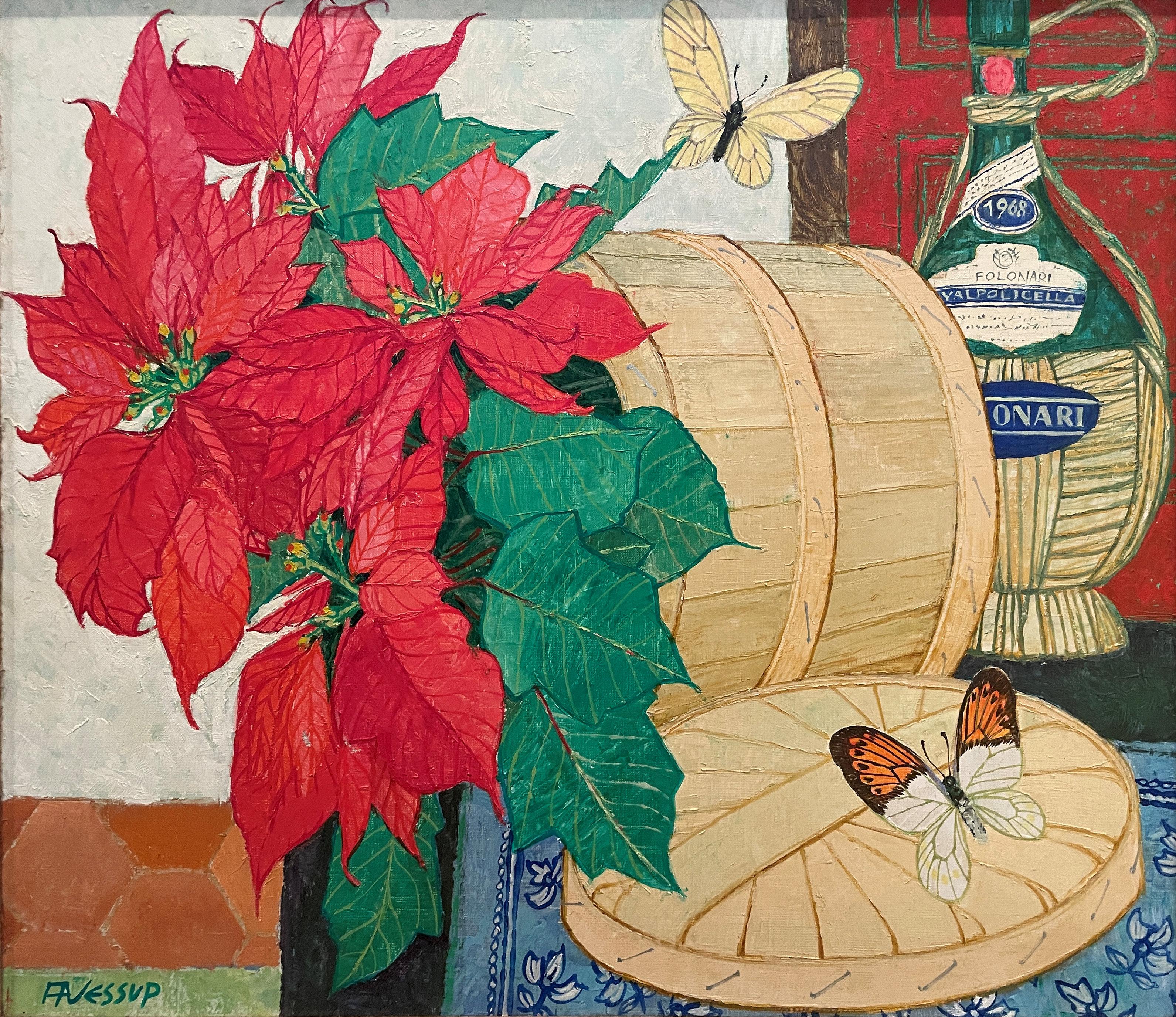 Robert Jessup Still-Life Painting – „Blumen-Stillleben-Arrangement“ Frederick Jessup, Schmetterlinge, Weinflasche