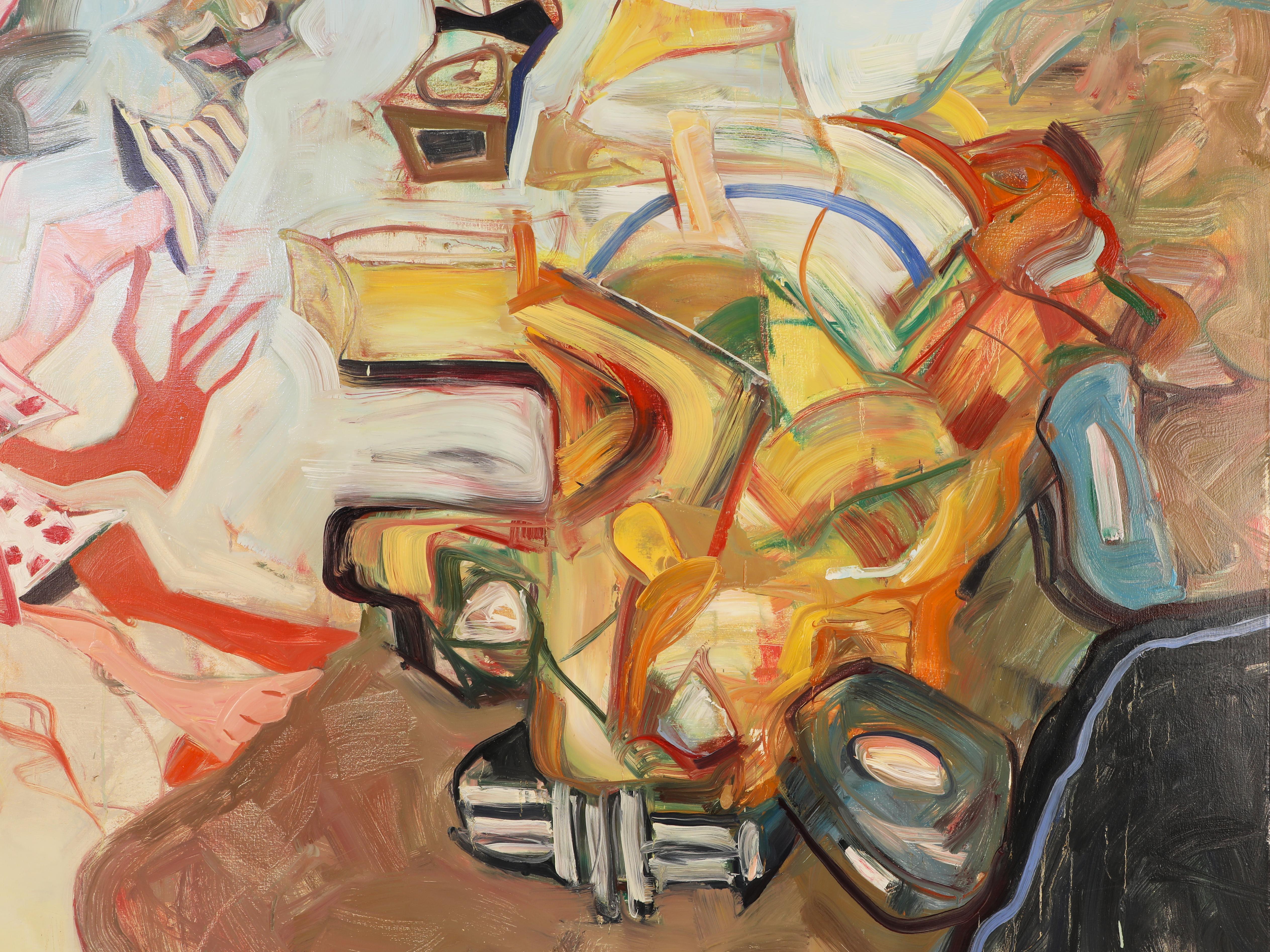 Gelbgelber Auto mit Frau und Puppe (Abstrakter Expressionismus), Painting, von Robert Jessup