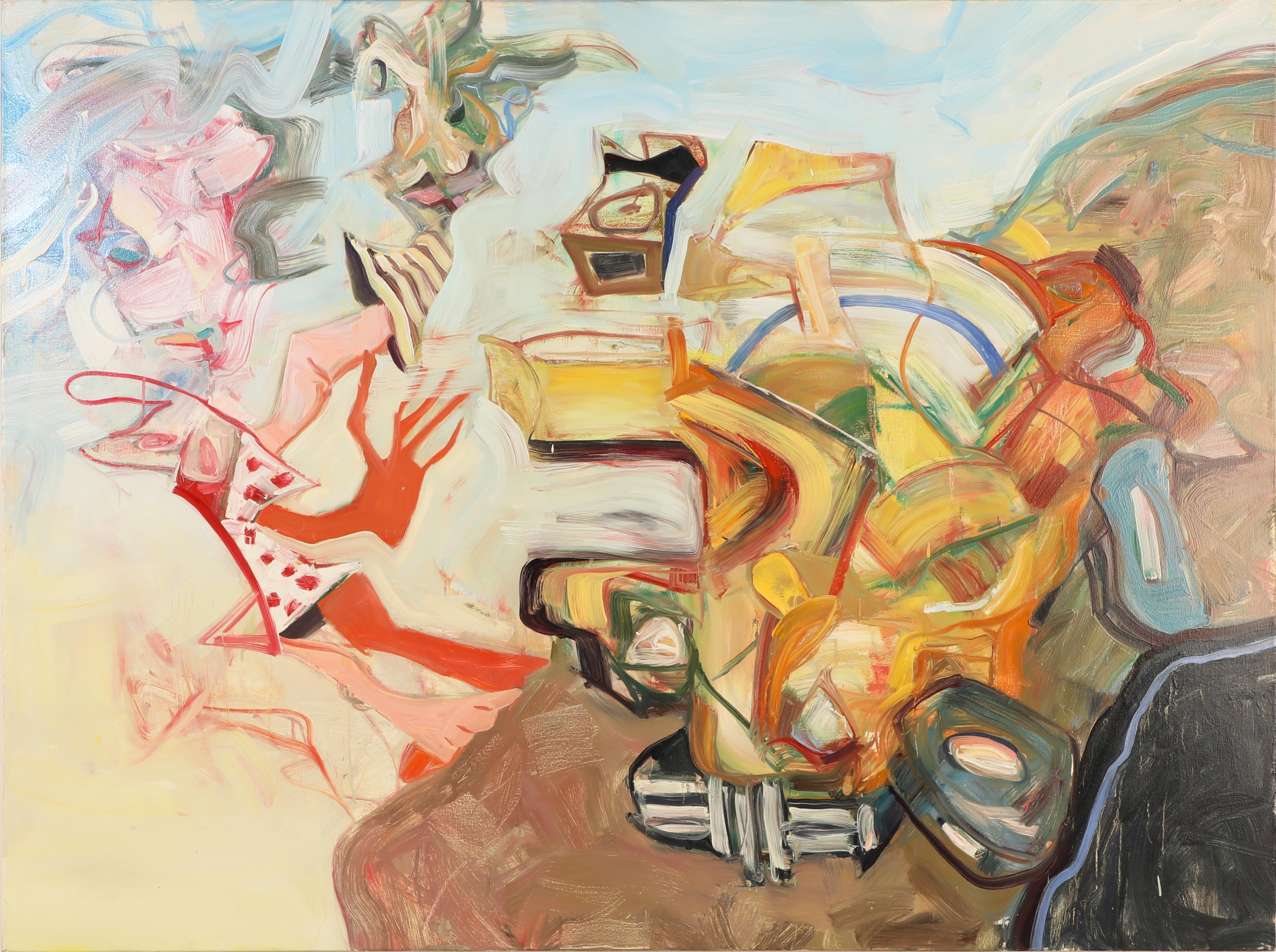 Figurative Painting di Robert Jessup - Auto gialla con donna e pupazzo