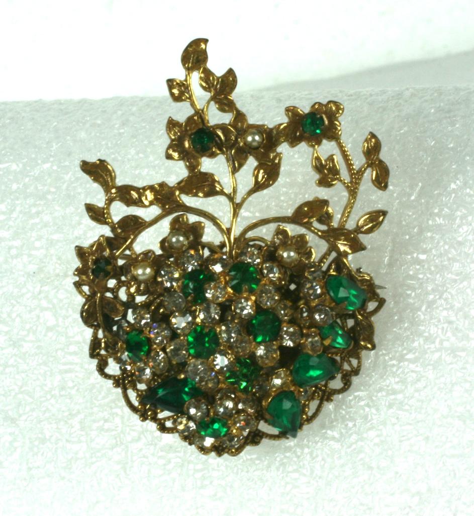Women's or Men's Robert Jeweled Emerald Crystal Heart Brooch For Sale