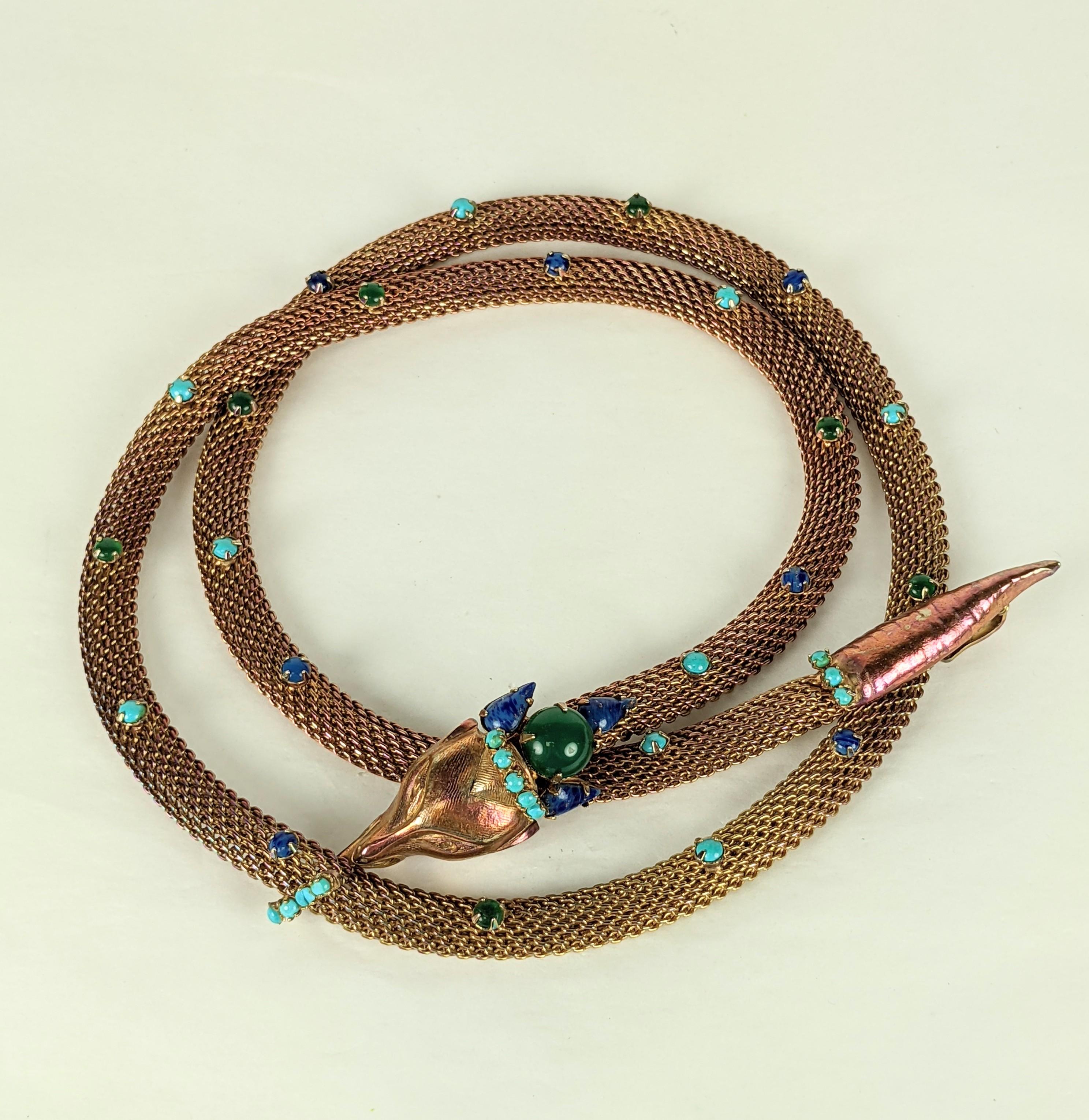 Unusual Robert Jeweled Fox Head Belt/ Necklace from the 1960's. Gilt tubular mesh is accented with glass stones and genuine turquoise cabochons. The jeweled fox head features a hook which allows use as a necklace or belt. Very Indian in inspiration