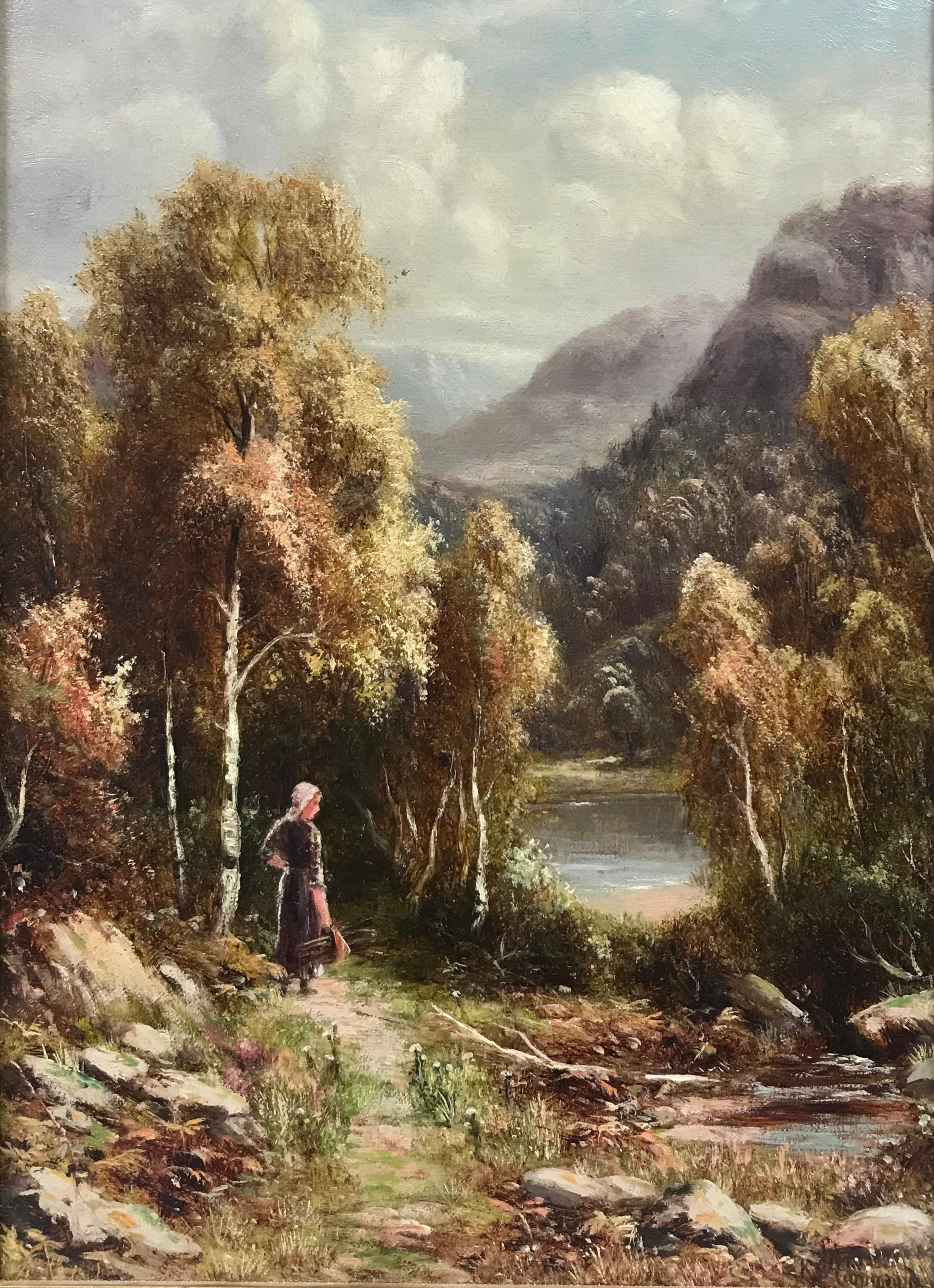 Paar viktorianische Original-Ölgemälde, Figuren, schottische Highland-Szenen – Painting von Robert John Hammond (British, exhibited 1882-1911)