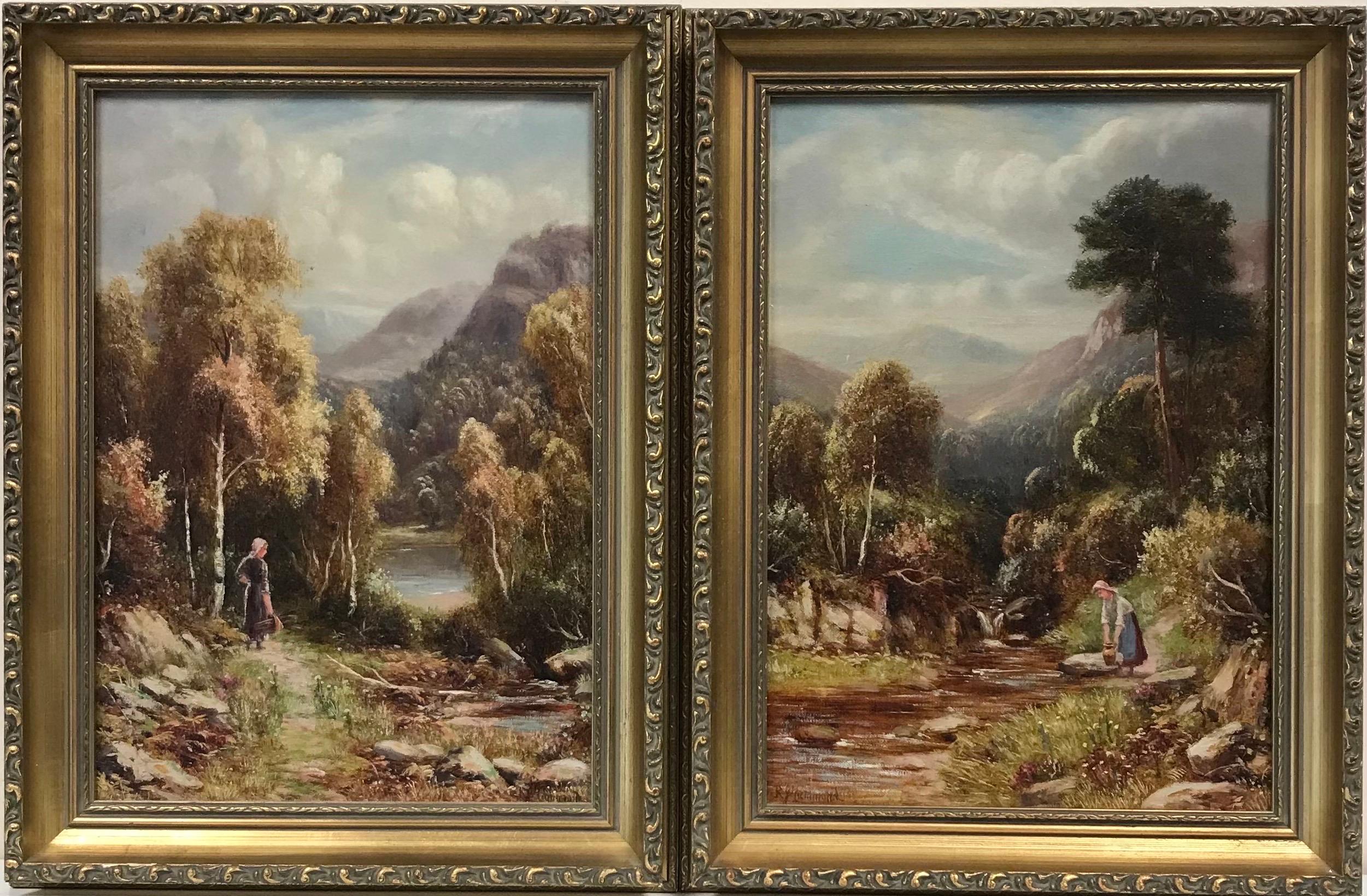 Robert John Hammond (British, exhibited 1882-1911) Landscape Painting - Fine Victorian Pair of Original Oil Paintings Figures Scottish Highland scenes