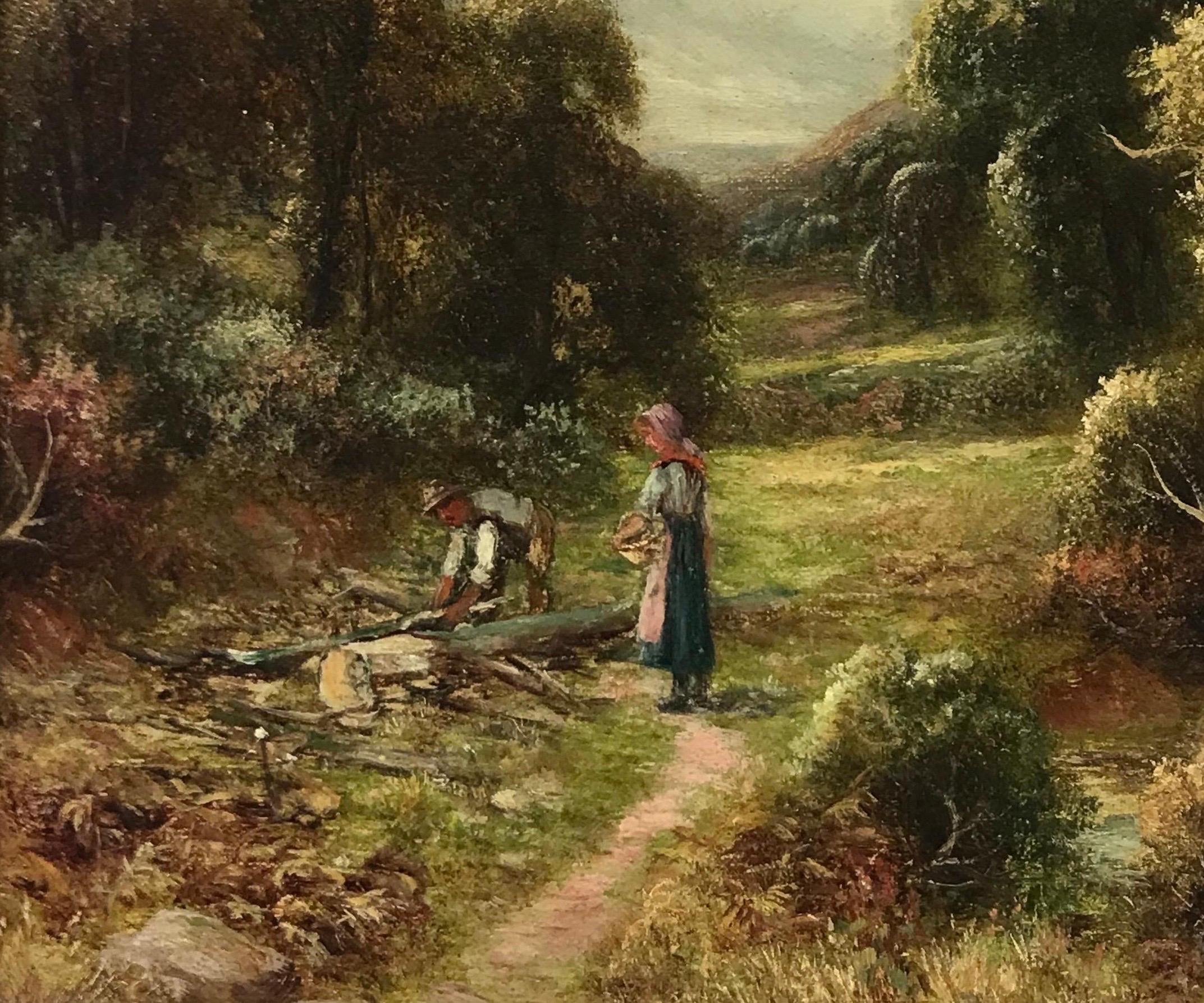 Fine Victorian Oil Painting Children Collecting Wood in Rural Lane, signed  For Sale 1