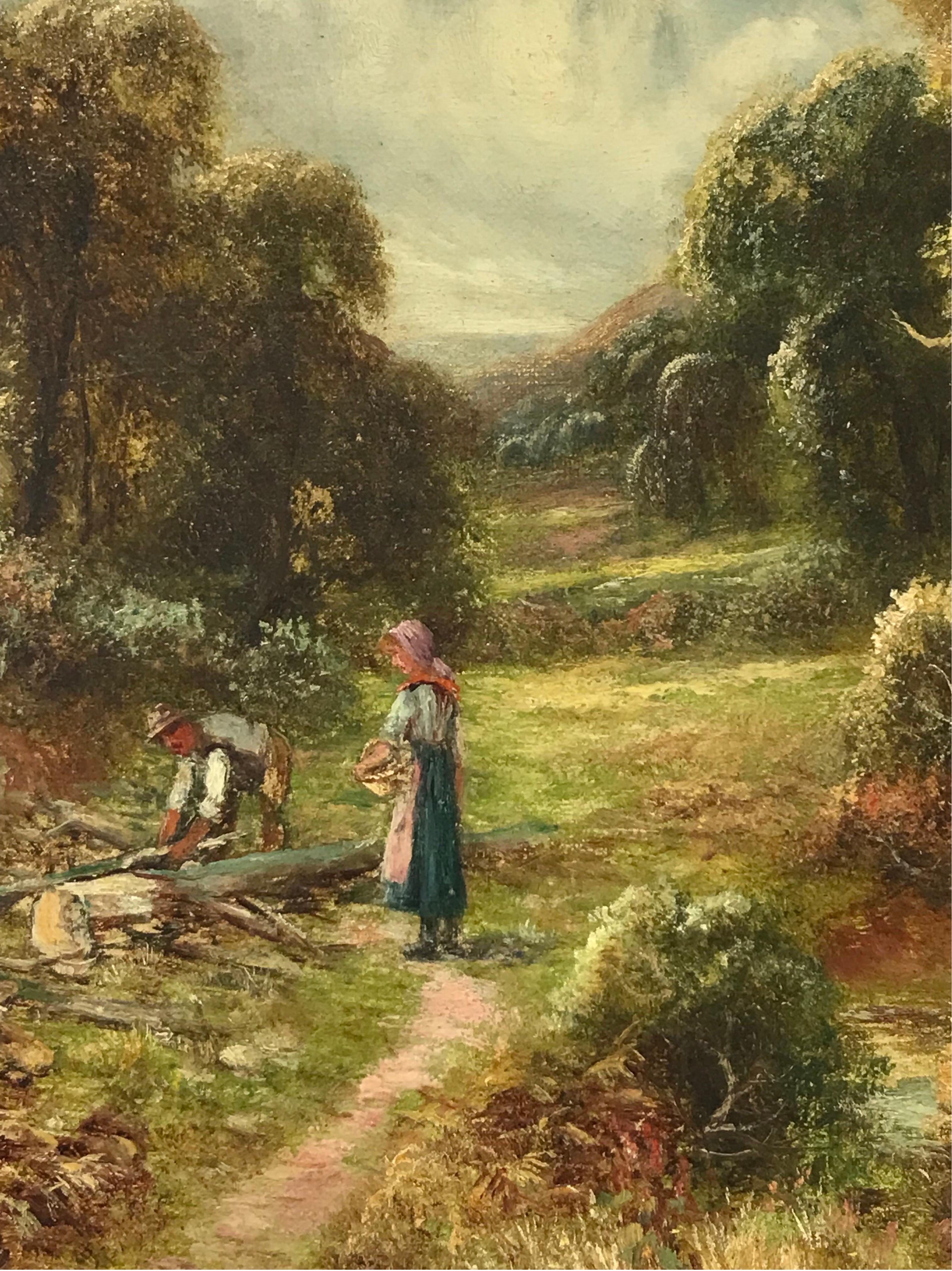 Fine Victorian Oil Painting Children Collecting Wood in Rural Lane, signed  For Sale 3