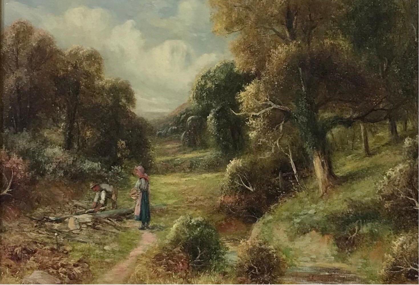 ROBERT JOHN HAMMOND (Exhibited 1882 - 1911) Figurative Painting - Fine Victorian Oil Painting Children Collecting Wood in Rural Lane, signed 