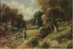 Antique Fine Victorian Oil Painting Children Collecting Wood in Rural Lane, signed 