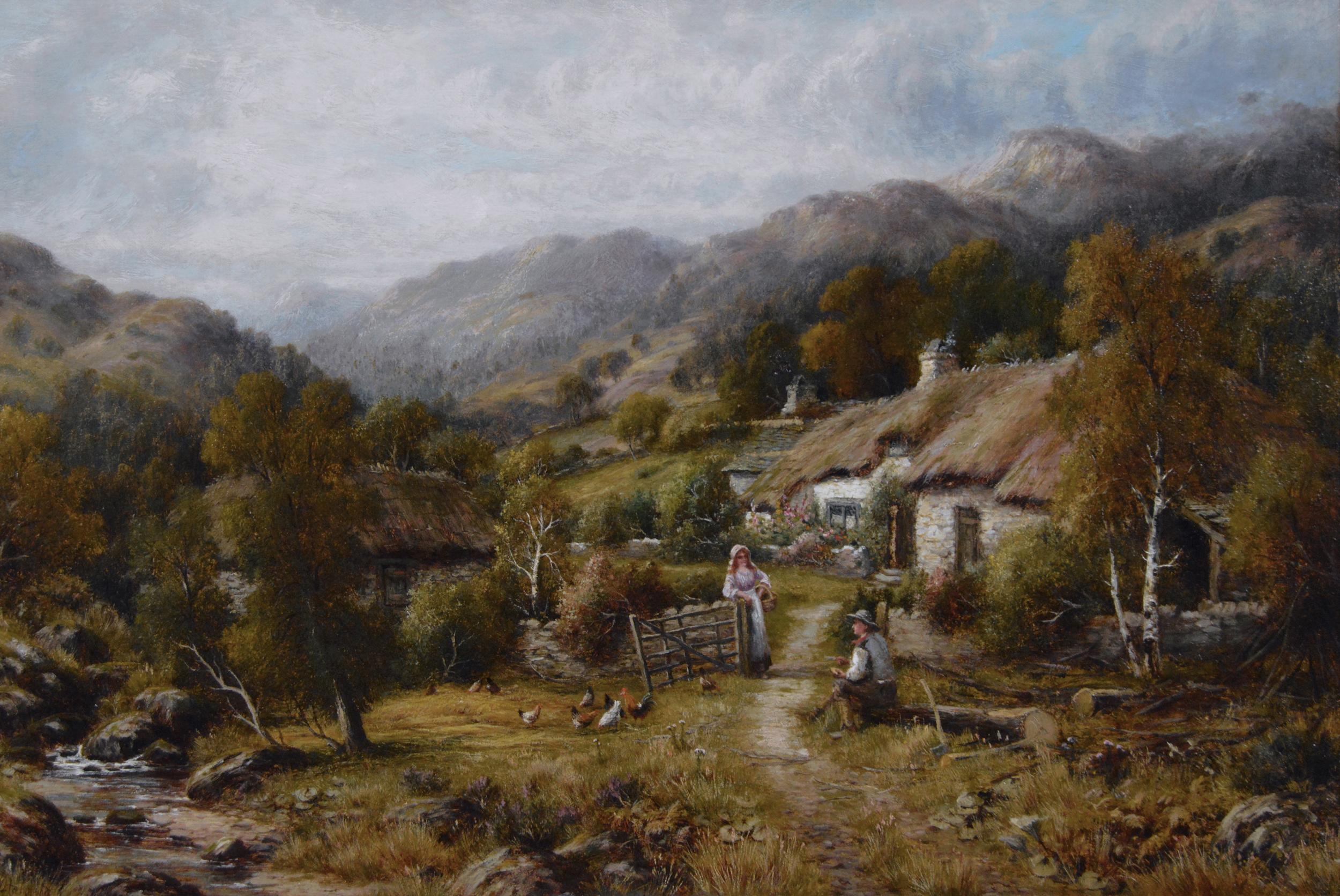 19th Century landscape oil painting of a cottage in North Wales - Painting by Robert John Hammond