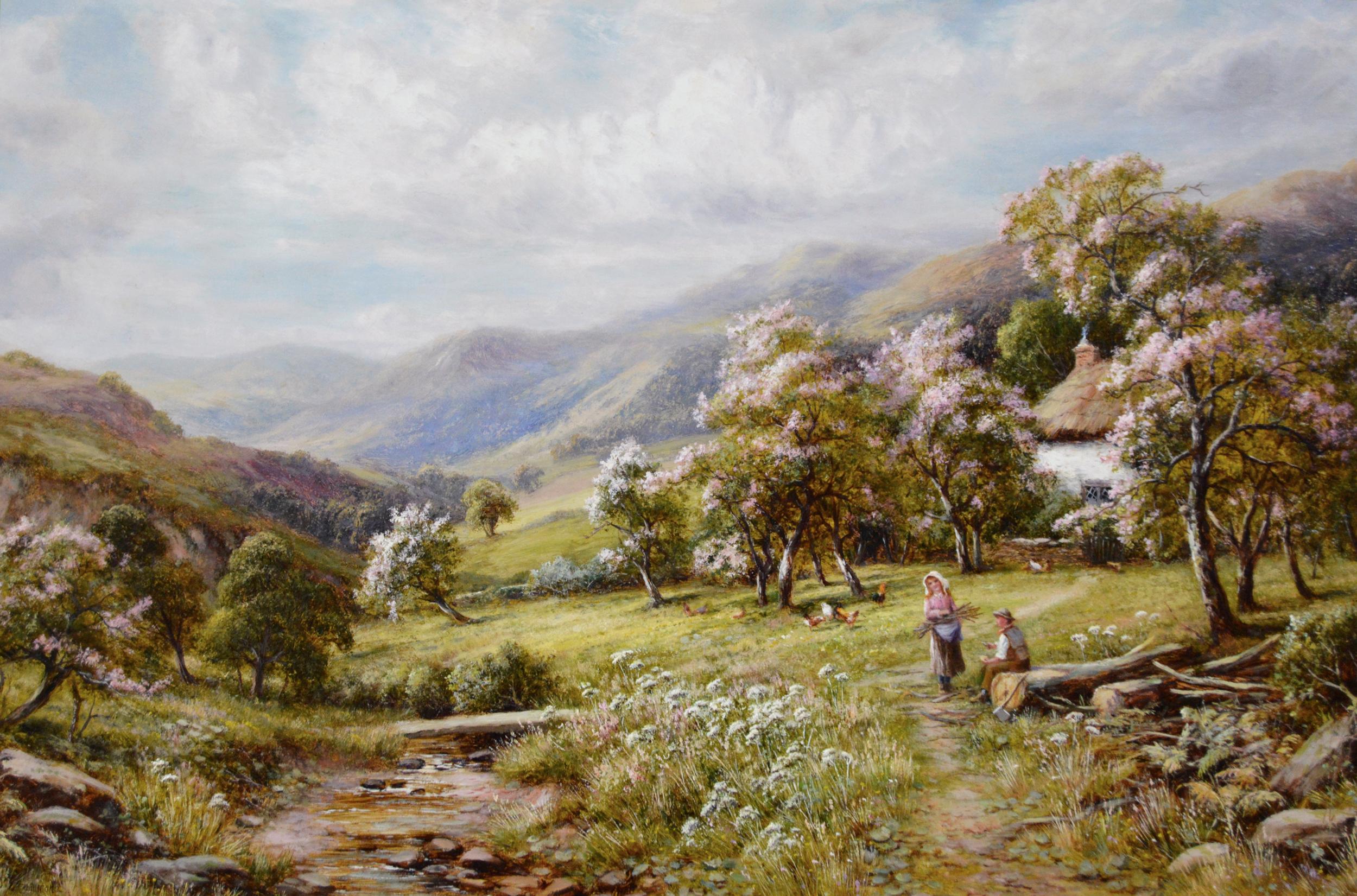 19th Century landscape oil painting of a cottage & orchard - Painting by Robert John Hammond