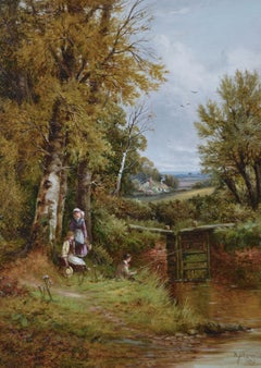 Peinture à l'huile de paysage du 19e siècle représentant des personnages pêchant au bord d'une écluse de rivière