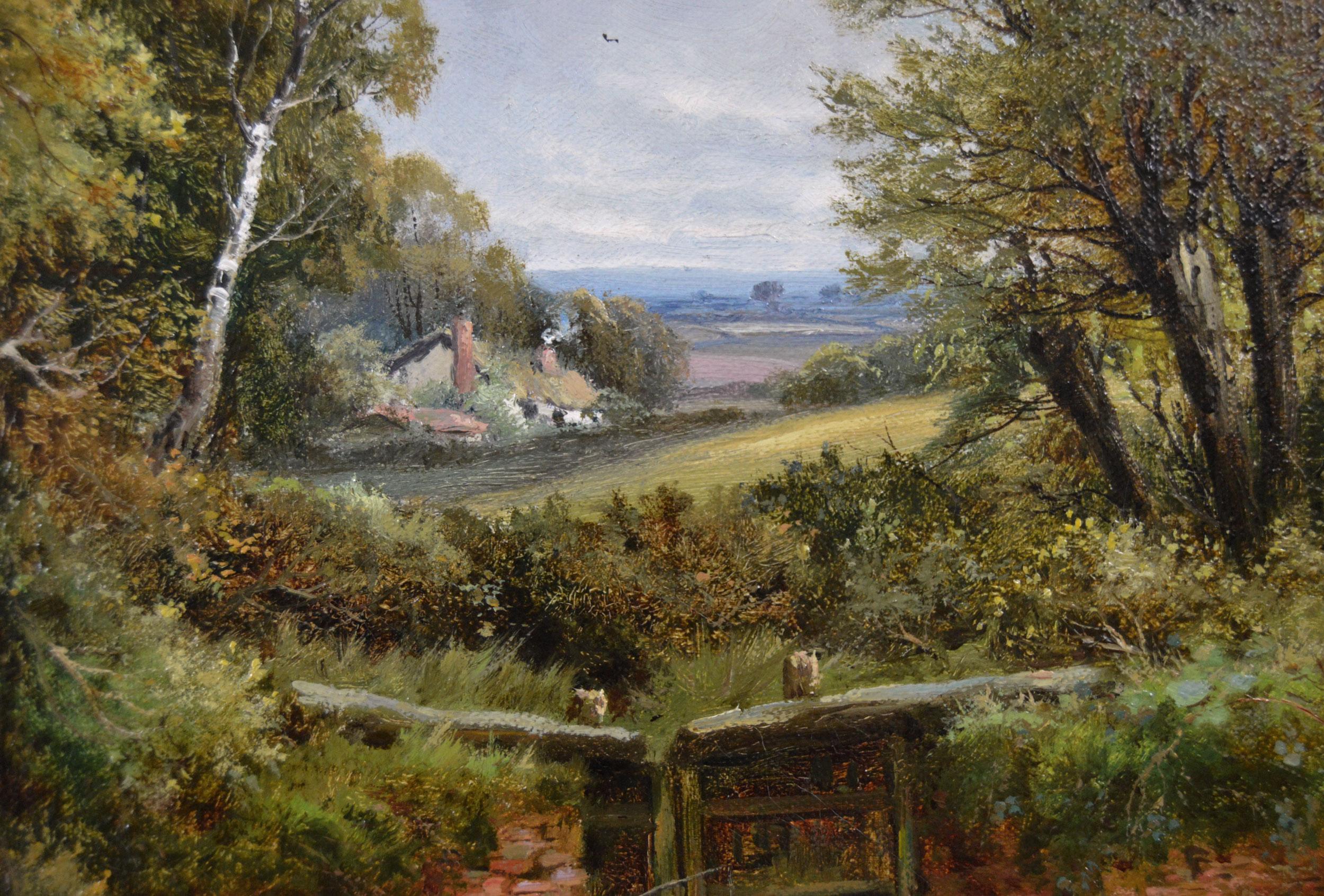19th Century landscape oil painting of figures fishing by a river lock  - Brown Landscape Painting by Robert John Hammond