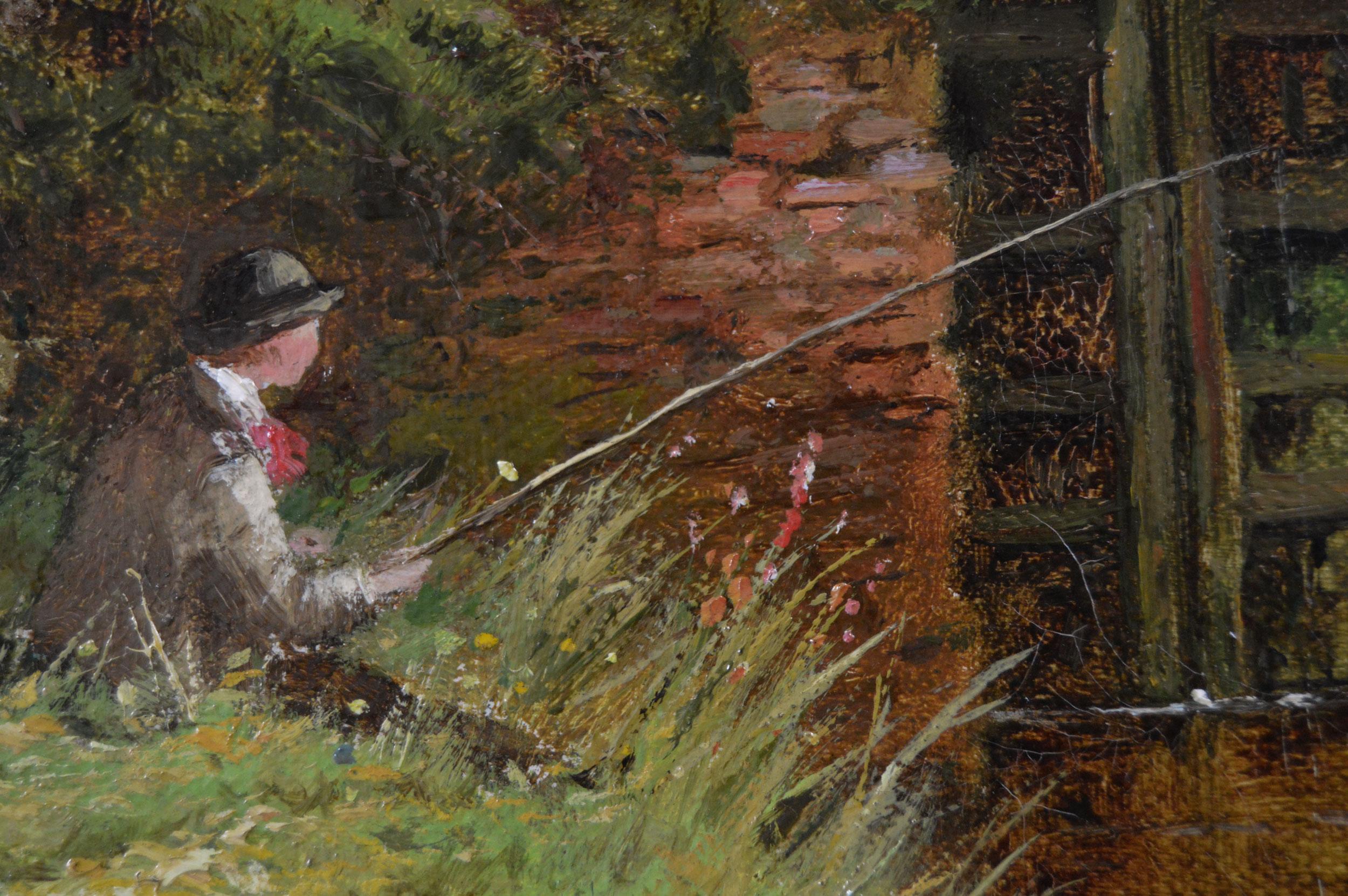 Peinture à l'huile de paysage du 19e siècle représentant des personnages pêchant au bord d'une écluse de rivière  - Marron Landscape Painting par Robert John Hammond