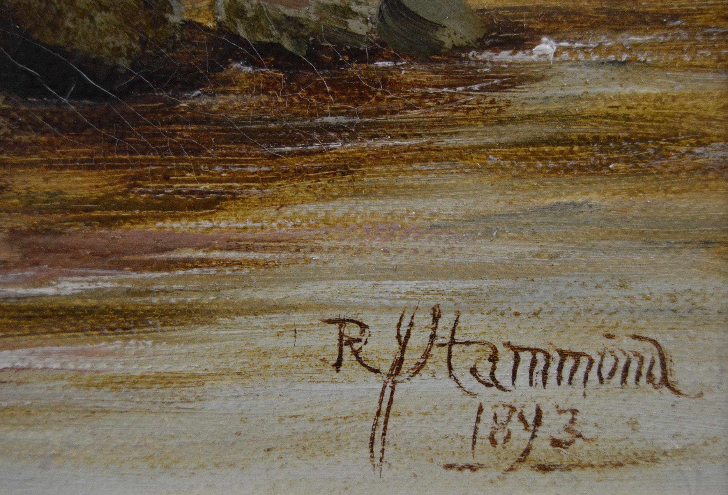 Robert John Hammond
Britannique, (1853-1911)
Pêche à la porte de l'écluse
Huile sur toile, signée et datée 1893
Taille de l'image : 19,5 pouces x 14,5 pouces 
Dimensions, y compris le cadre : 25,75 pouces x 20,75 pouces

Peinture pittoresque de