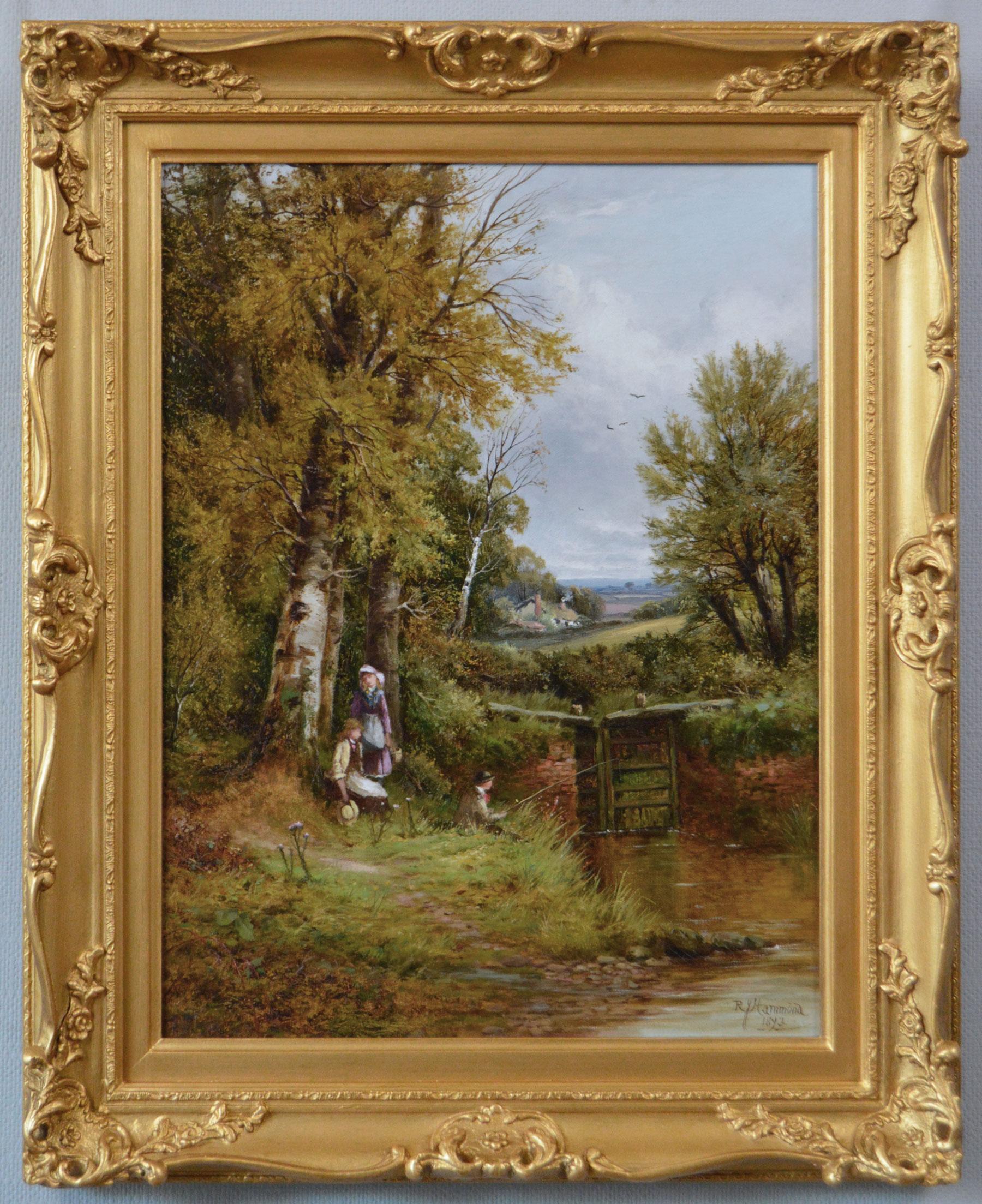 19th Century landscape oil painting of figures fishing by a river lock 